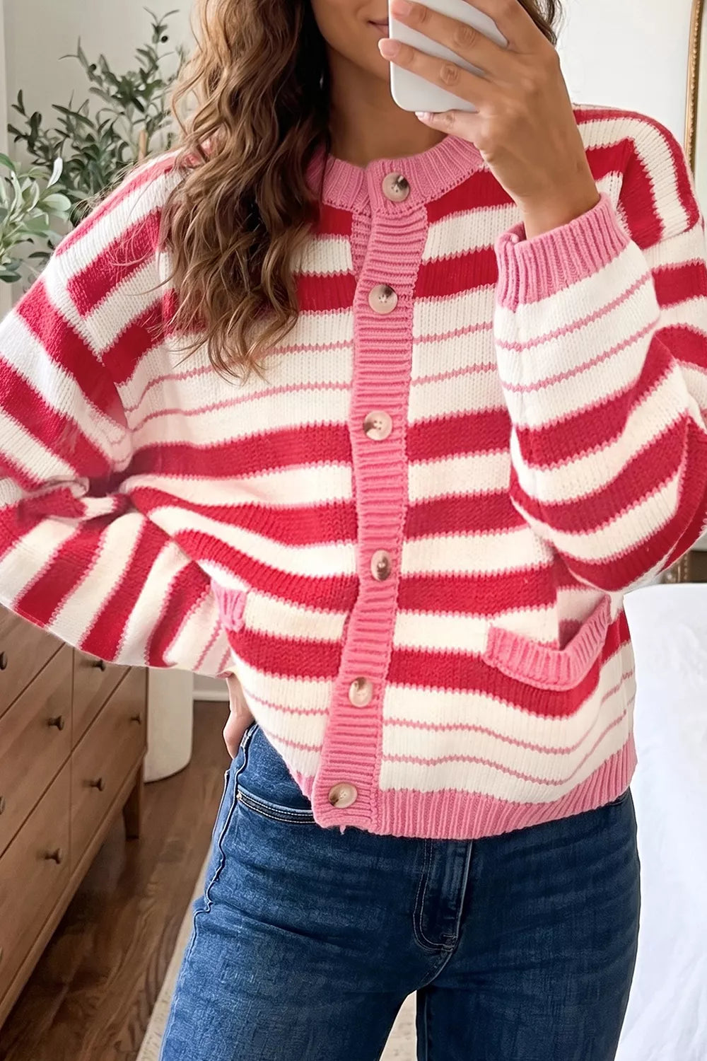Striped V-neck long sleeve cardigan by Trendsi, featuring a regular fit and button closure, displayed on a neutral background.