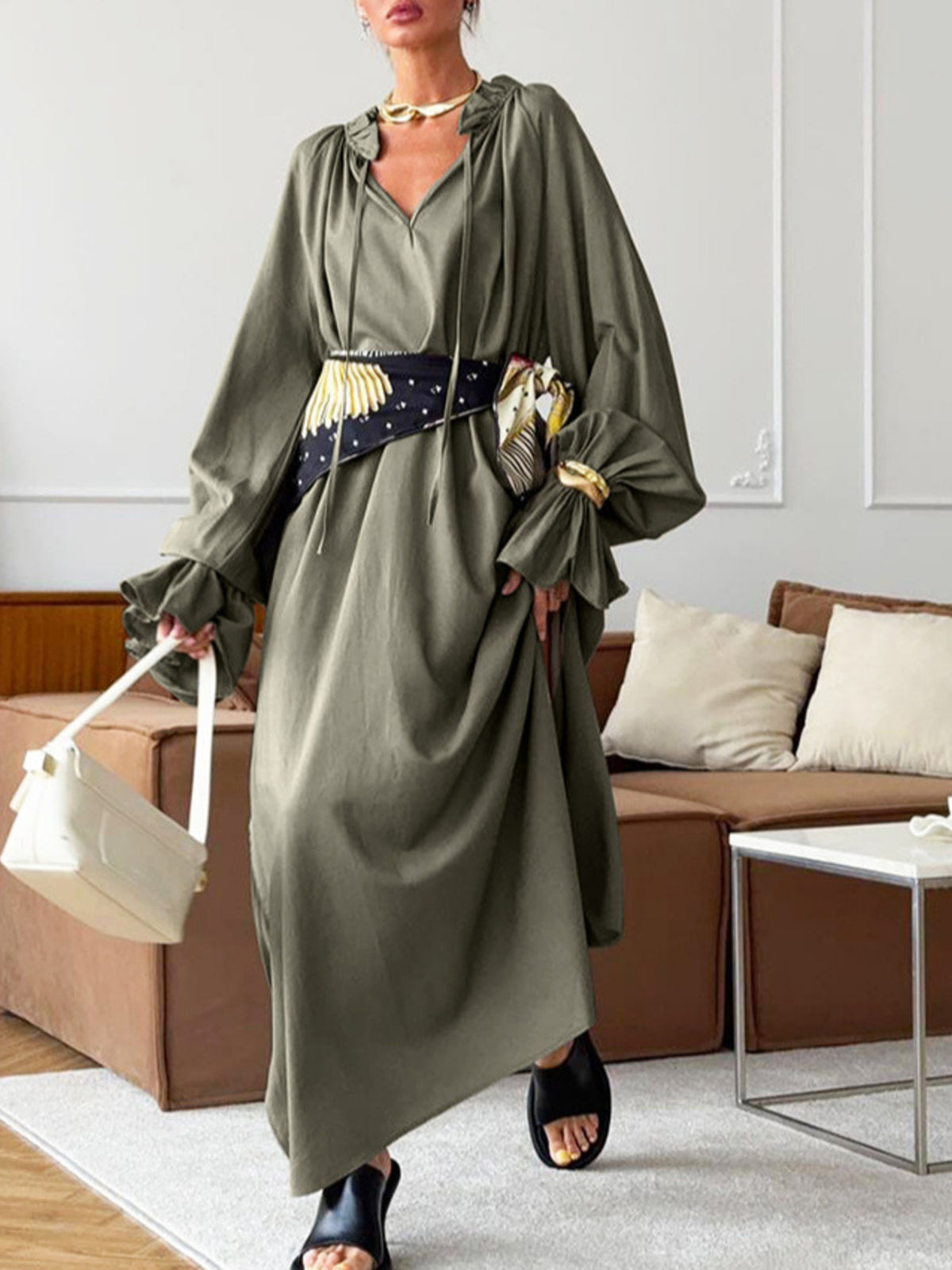 Cotton linen maxi dress with tie neck and flounce sleeves, stylish and comfortable dress by Plush Fashion Hub.