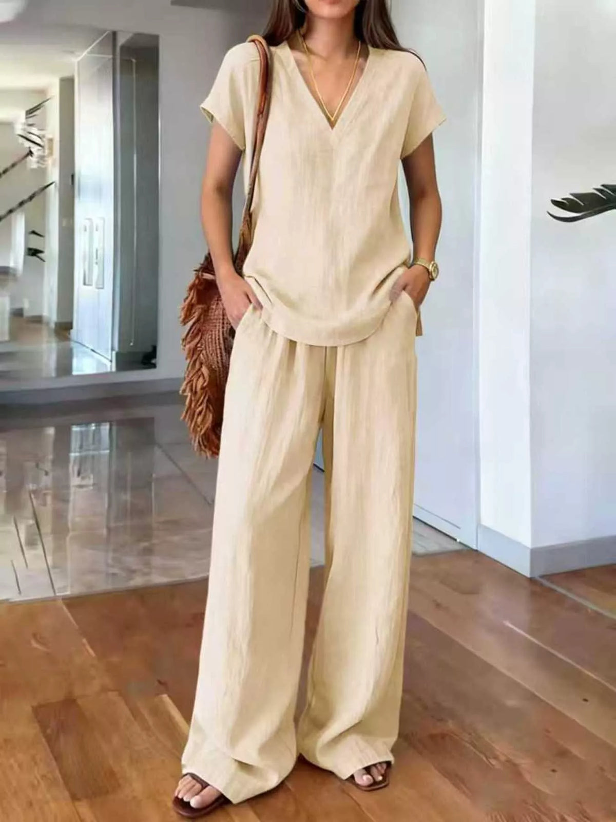 Plus size plush fashion hub lounge set with v-neck short sleeve top and matching pants, comfortable loungewear for relaxed wear