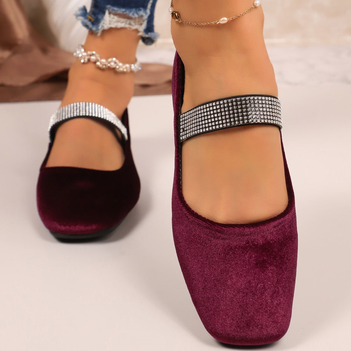 Rhinestone embellished square toe slip-on flats for women by Plush Fashion Hub, showcasing elegant sparkle and comfortable slip-on design.