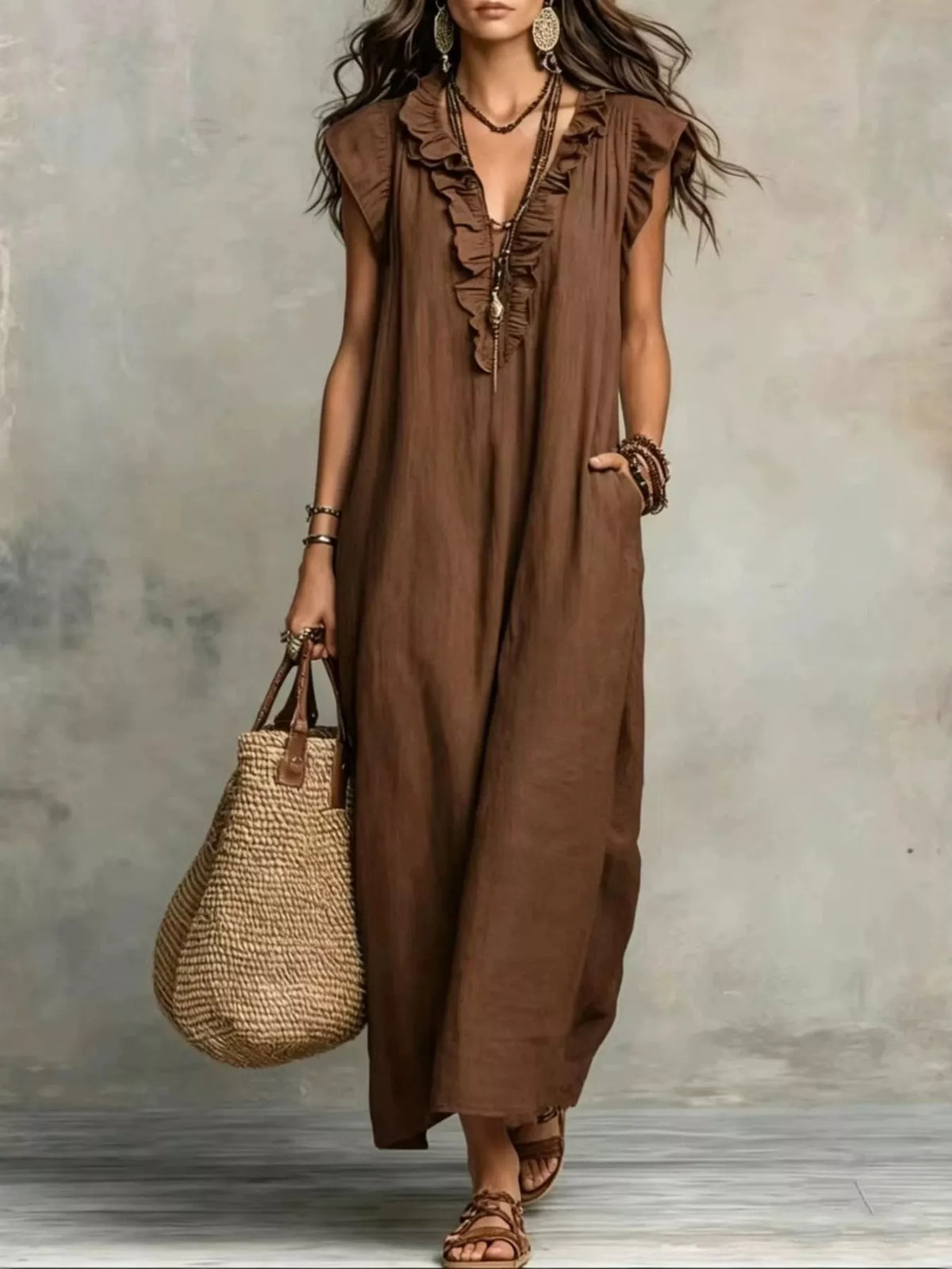 Plus size full length ruffled V-neck cap sleeve maxi dress by Plush Fashion Hub, featuring a flowing silhouette and elegant ruffle details.