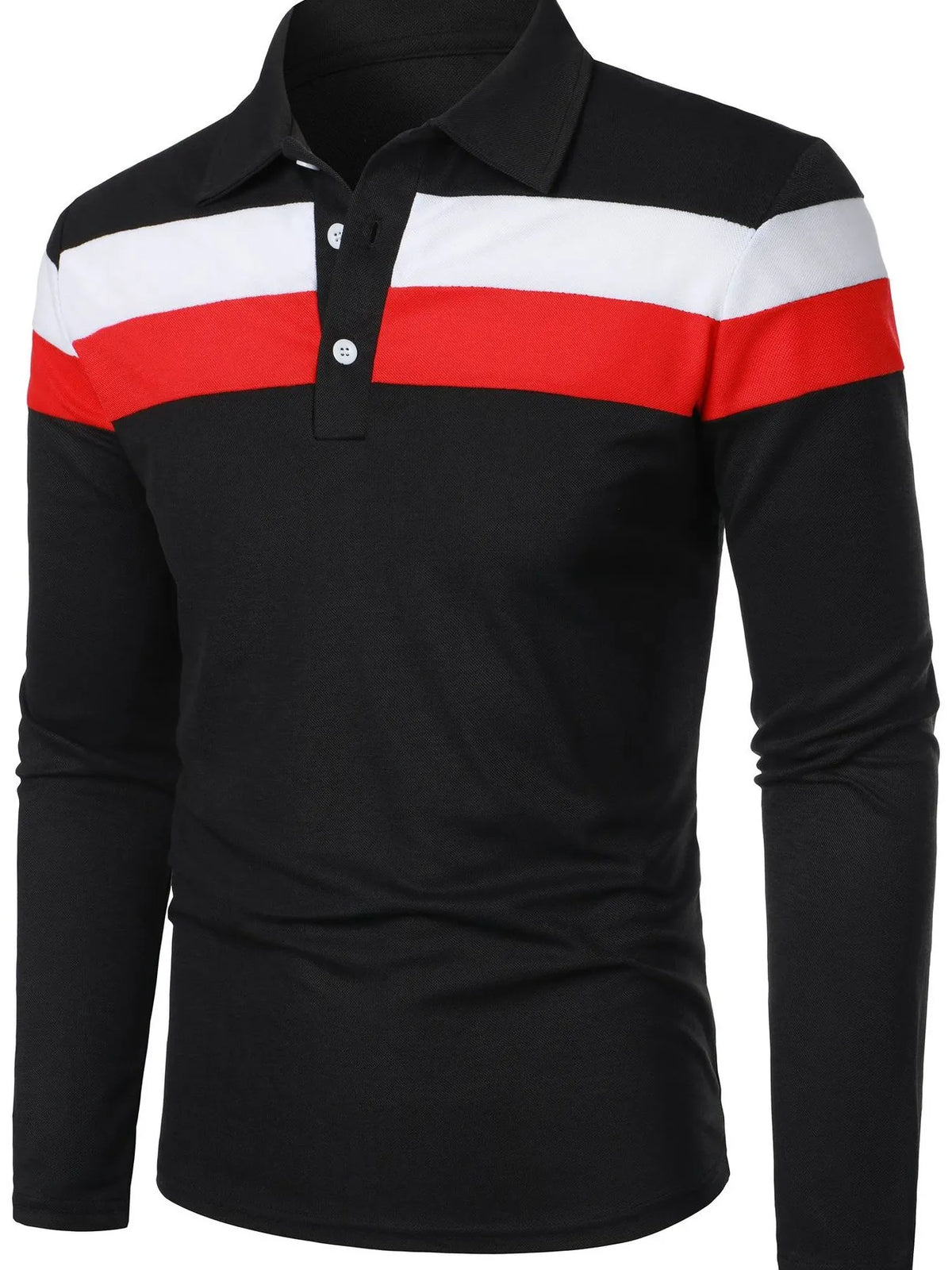 Men's color block long sleeve polo shirt in plus size by Trendsi, featuring a stylish multi-color design and classic polo collar.