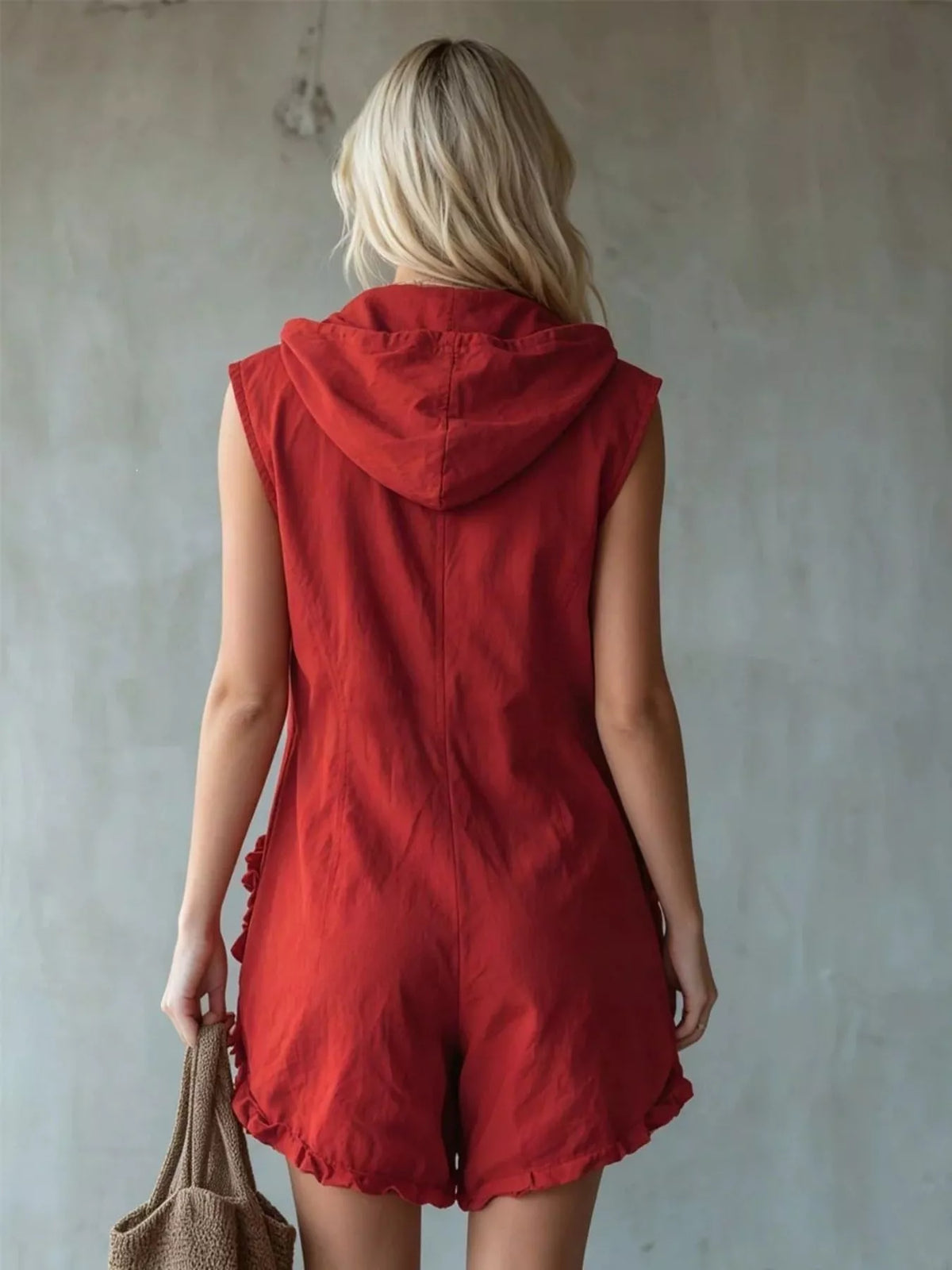 Plus size hooded sleeveless zipper romper with ruffled pockets from Plush Fashion Hub, full-length view, casual summer style.