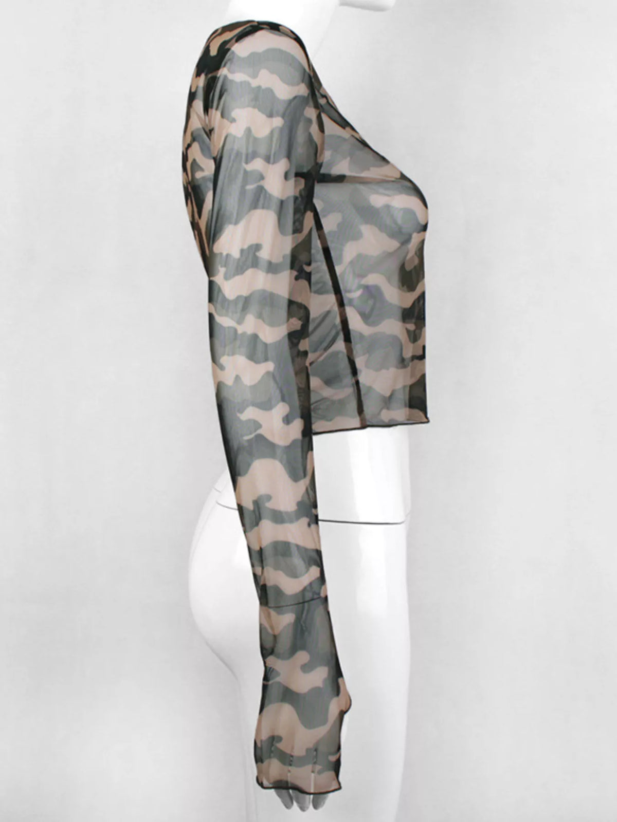 Camouflage mesh long sleeve T-shirt from Plush Fashion Hub, showing a fitted, long-sleeve top with a camouflage pattern and breathable mesh fabric.