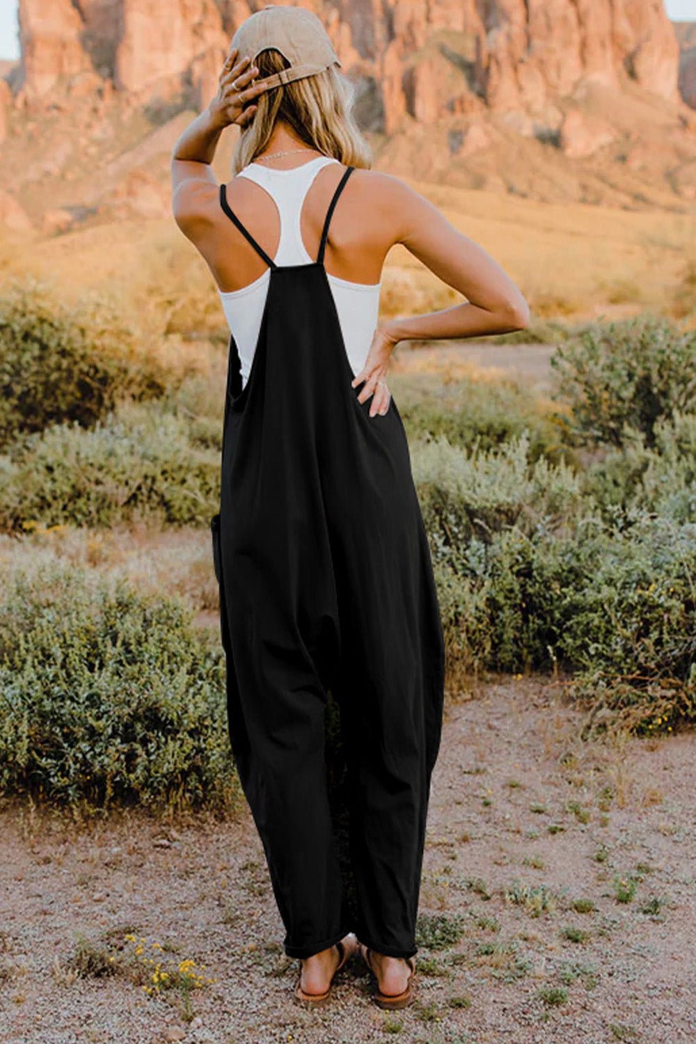 Women’s lightweight V-neck sleeveless casual jumpsuit with pockets, by Plush Fashion Hub, stylish and comfortable for everyday wear.