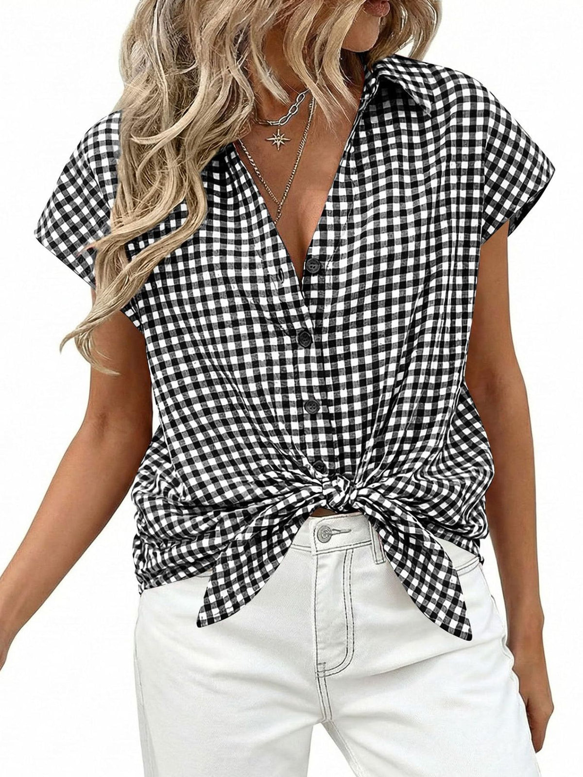 Women's classic gingham print button-down shirt with tie detail from Plush Fashion Hub, featuring a stylish and casual design.