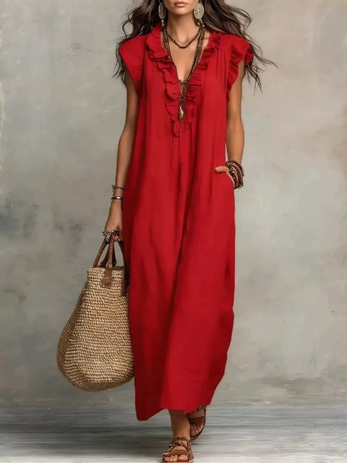 Plus size full length ruffled V-neck cap sleeve maxi dress by Plush Fashion Hub, featuring flowy fabric and elegant ruffle details.