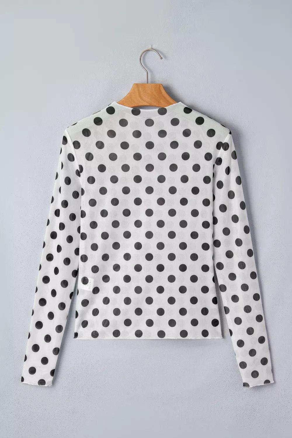 Polka dot mesh long sleeve sheath top with stand collar from Plush Fashion Hub, featuring a stylish polka dot pattern and sheer fabric.