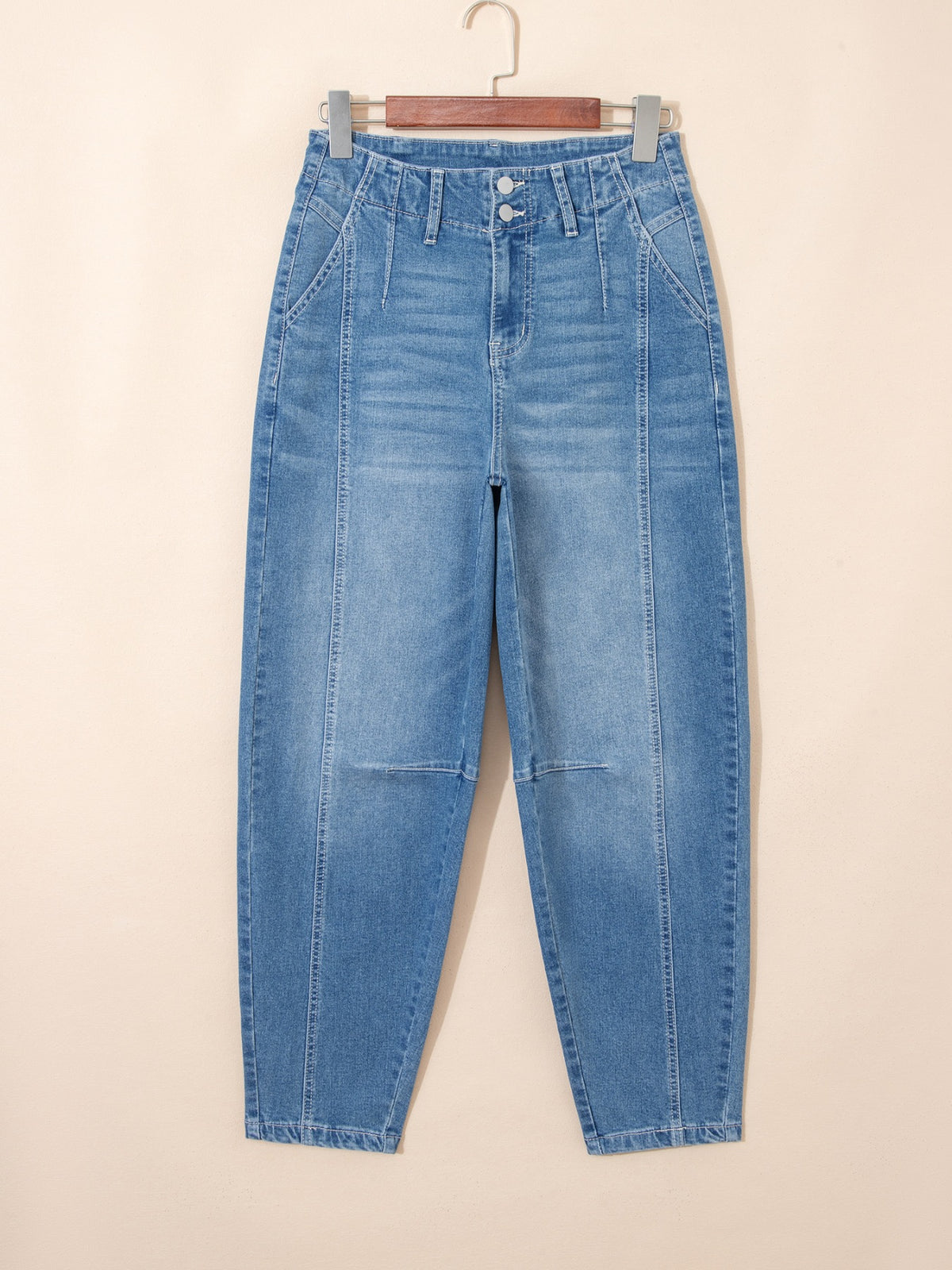 Washed cuffed barrel leg jeans by Plush Fashion Hub, vintage relaxed fit denim pants, showing distressed wash and relaxed style.