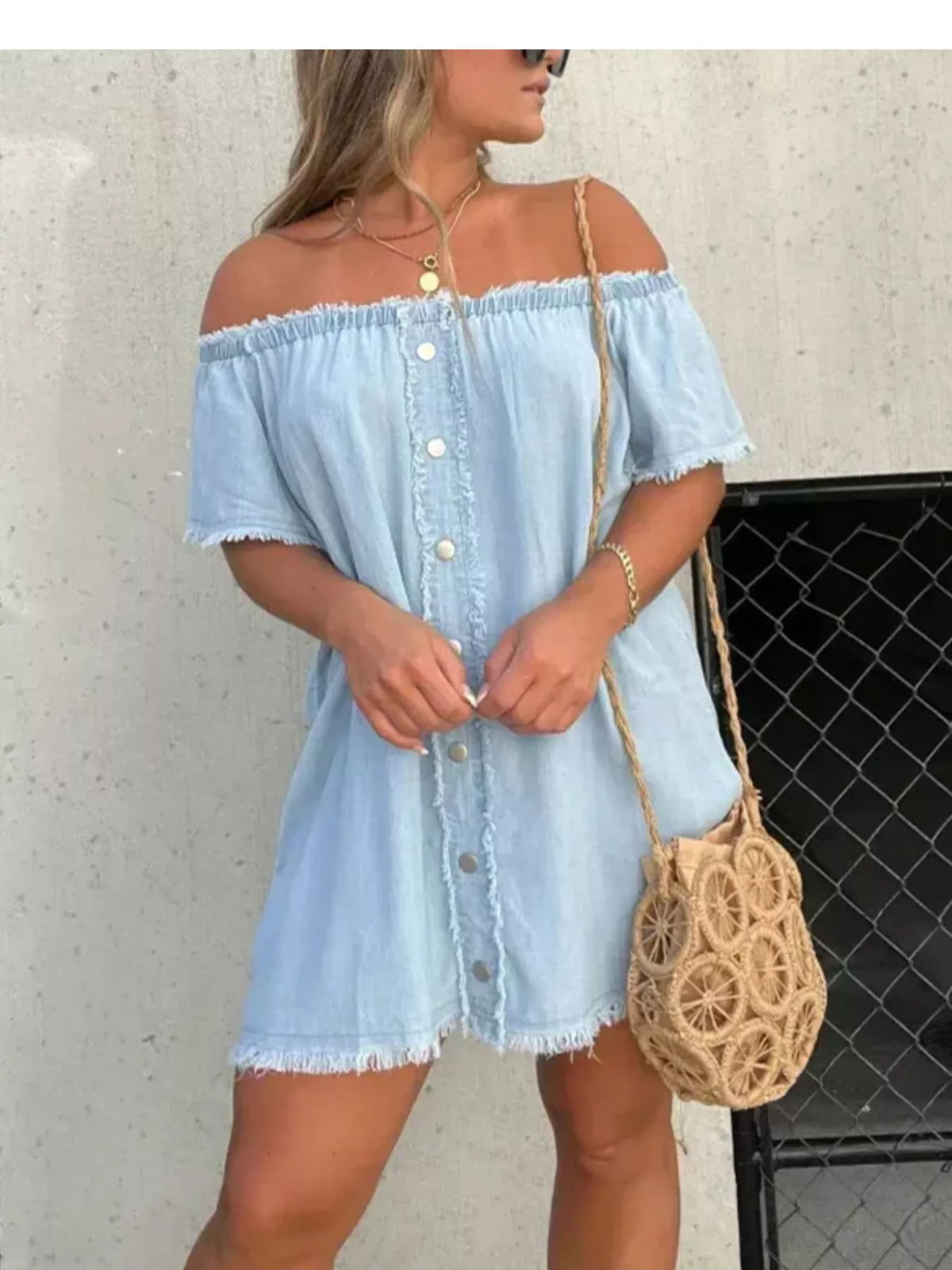 Plus size off-shoulder button-down frayed denim dress by Plush Fashion Hub, shown from the front on a model.