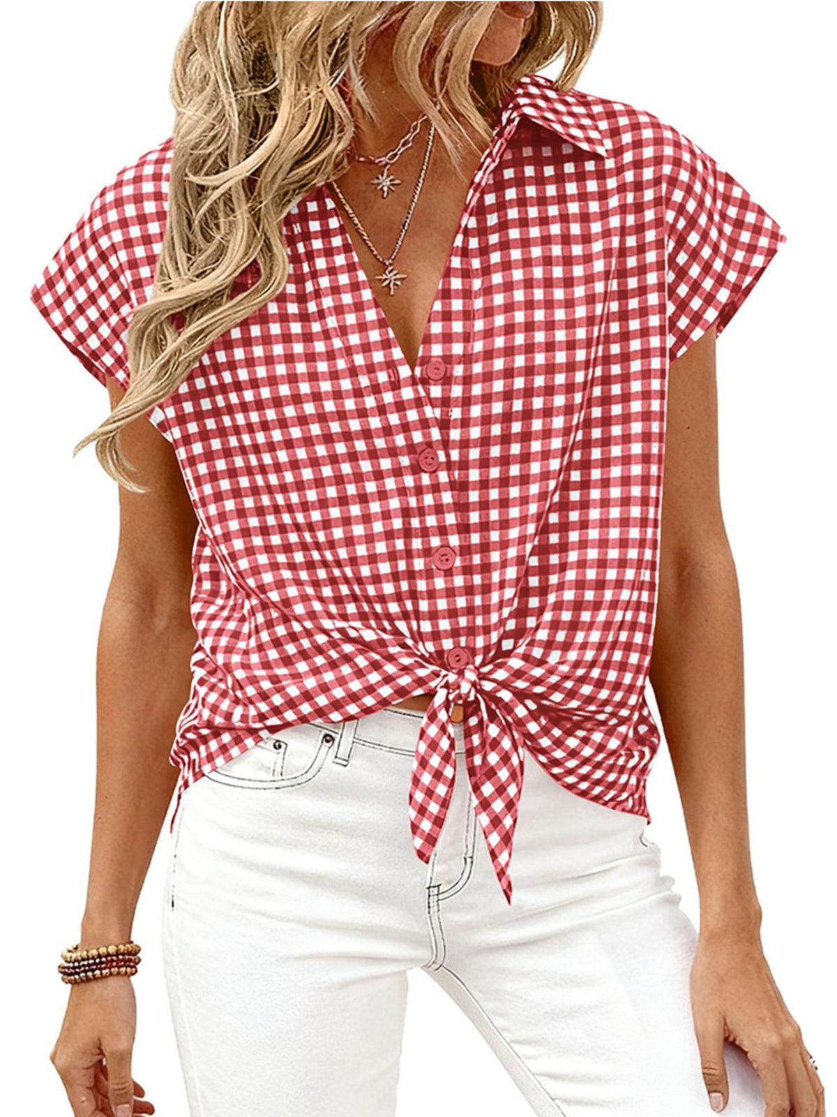Women's classic gingham print button-down shirt with tie detail by Plush Fashion Hub, shown on a model.