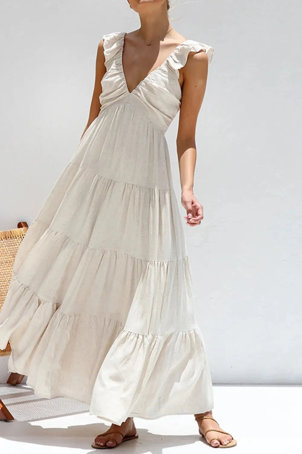 Women’s cotton ruffled V-neck tiered midi dress by Plush Fashion Hub, featuring a feminine ruffled design and tiered skirt.