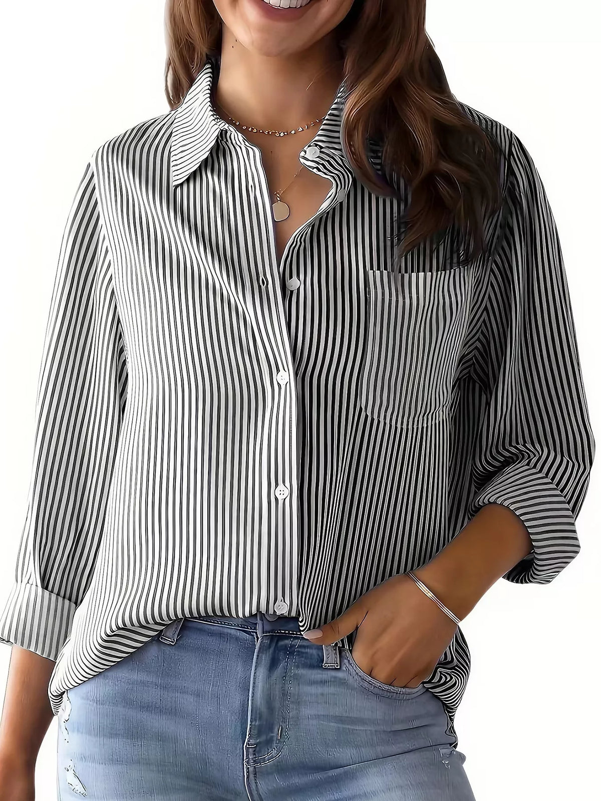 Women’s classic striped button-down shirt by Trendsi, featuring a casual fit and timeless design, shown in a front view image.