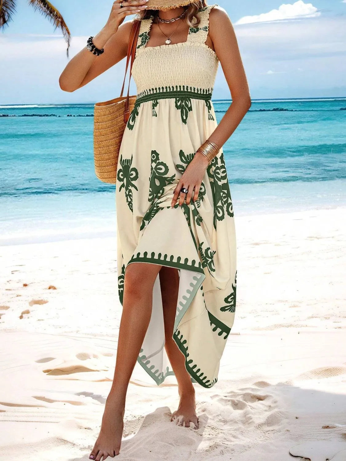 Plush Fashion Hub smocked printed wide strap maxi dress featuring a flowing design and vibrant floral pattern.
