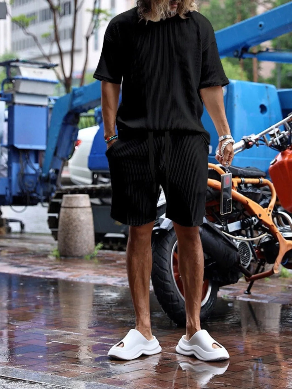 Men's plus size short sleeve top and shorts set by Plush Fashion Hub, casual summer outfit, navy blue color, lightweight fabric.