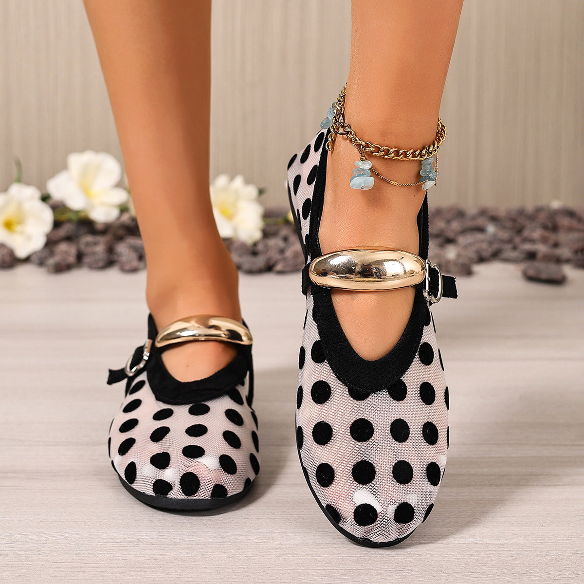 Women's polka dot mesh slip-on lightweight casual walking shoes by Plush Fashion Hub, featuring breathable fabric and comfortable design.