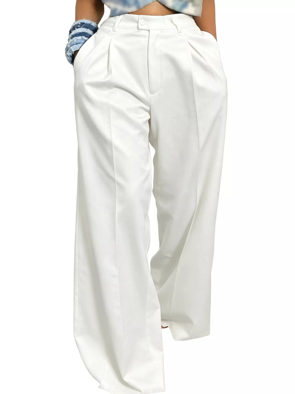 Wide leg pleated women's pants by Trendsi, featuring a flowy design and high waist, displayed on a hanger.