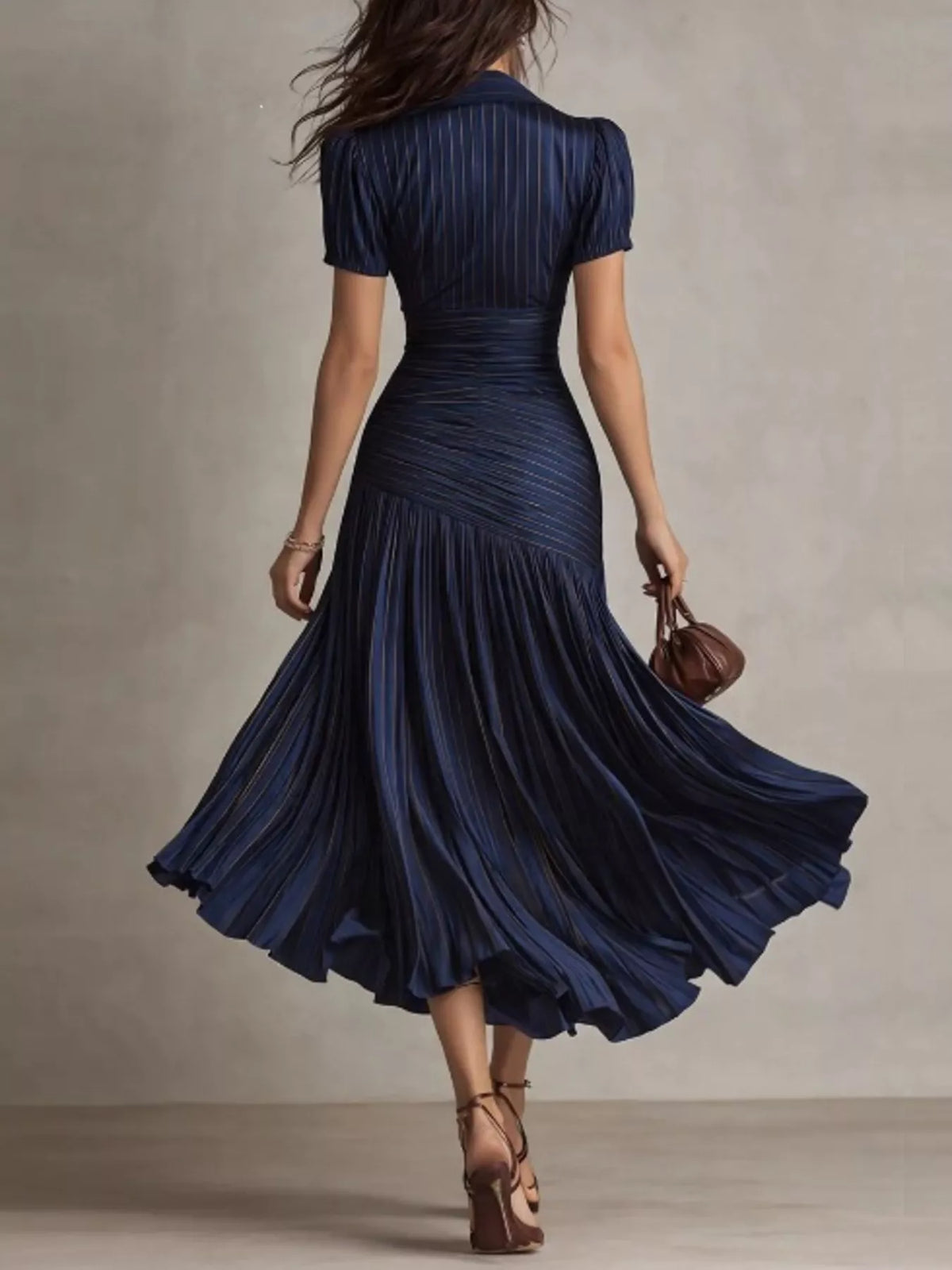 Pleated striped short sleeve midi dress by Plush Fashion Hub featuring a flowy silhouette and classic pattern.