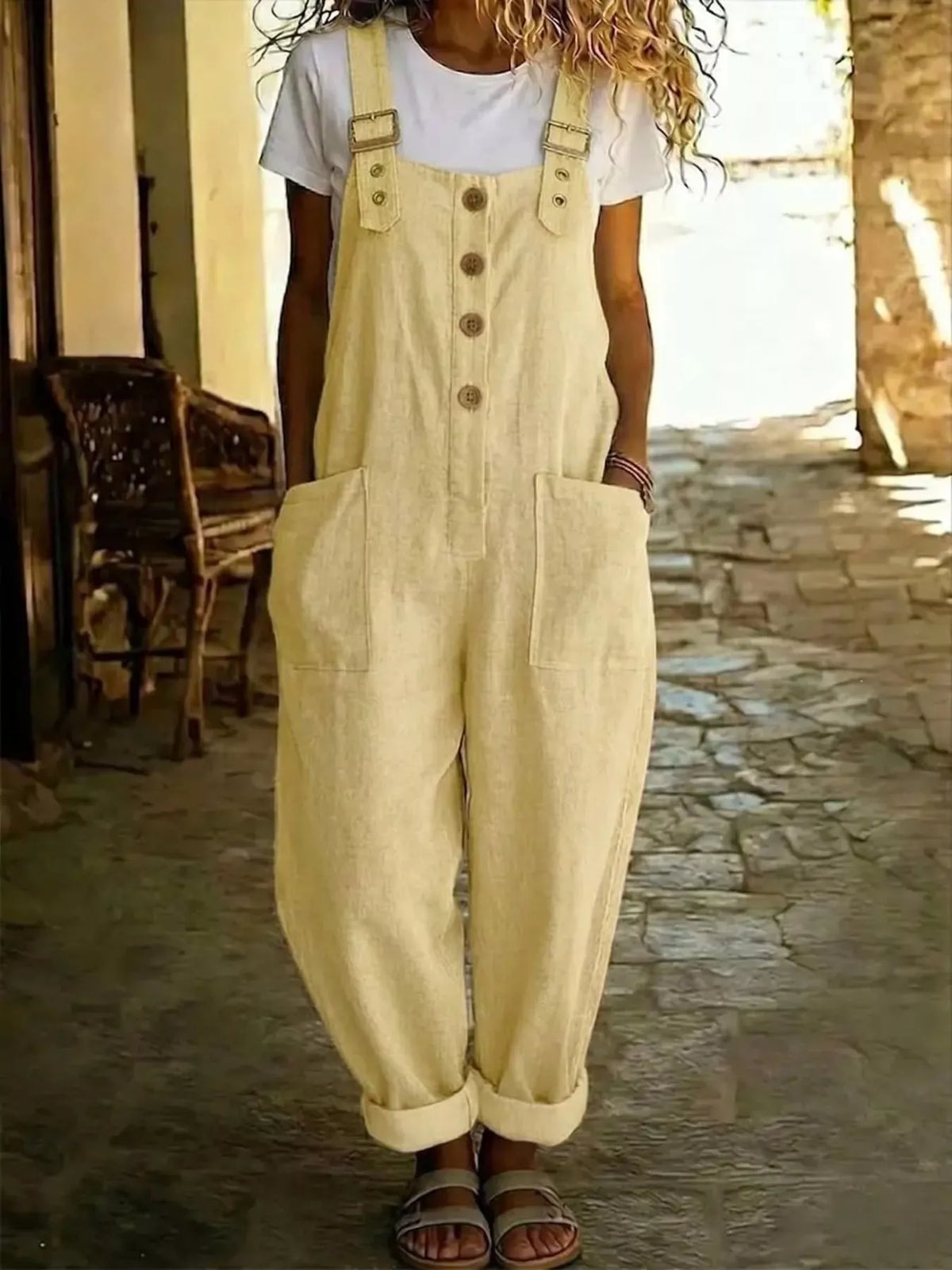Casual button-front wide leg overalls in denim from Plush Fashion Hub, featuring adjustable straps and relaxed fit.