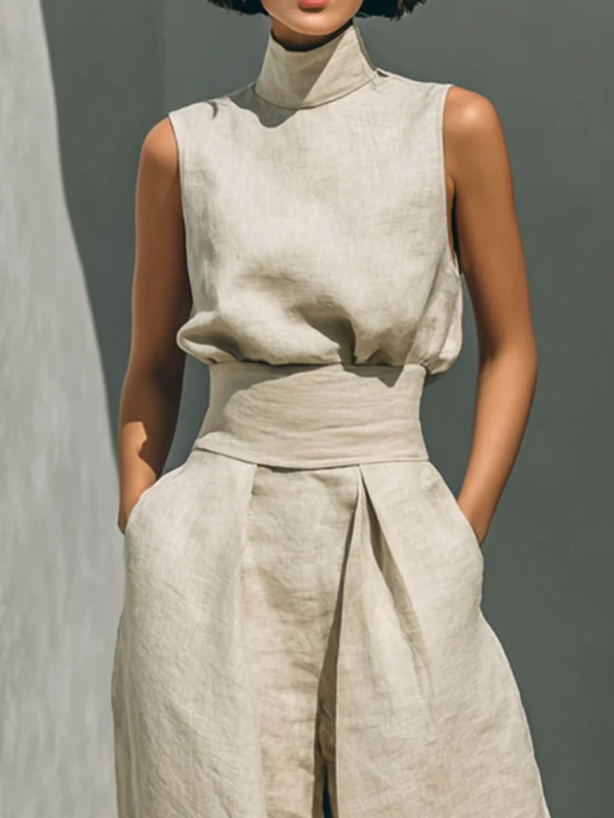 Plush Fashion Hub sleeveless turtleneck top and matching pants set in soft fabric, displayed on a neutral background.