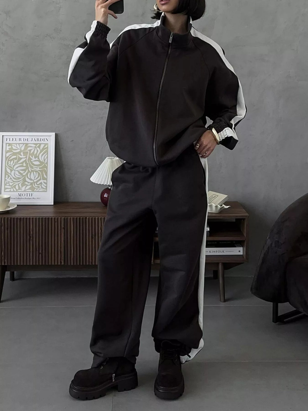 Plush Fashion Hub zip-up long sleeve tracksuit set in soft fabric, featuring a comfortable fit and stylish design.