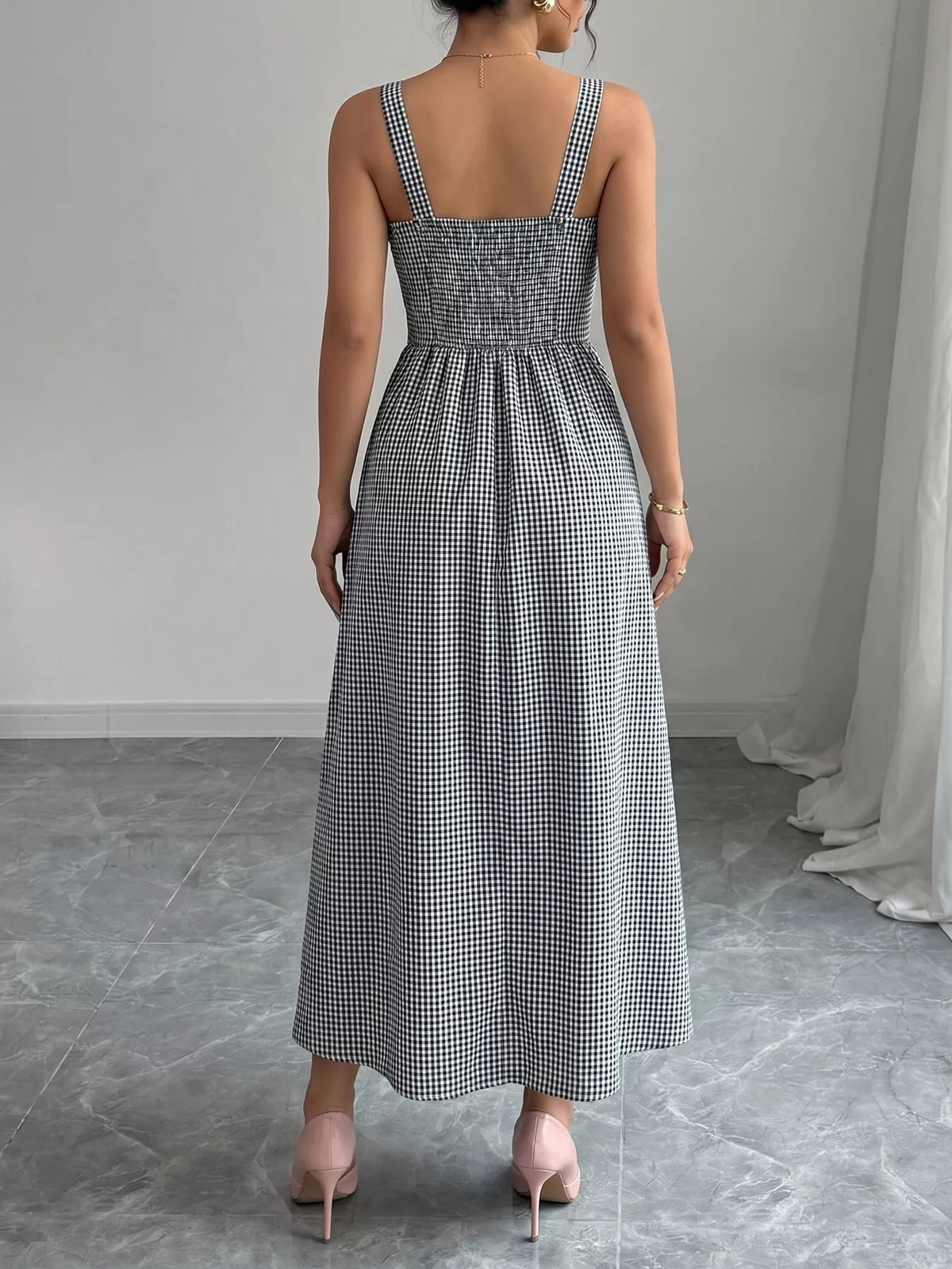 Square neck gingham midi dress by Plush Fashion Hub, featuring a fitted bodice and flowing skirt in classic checkered pattern.
