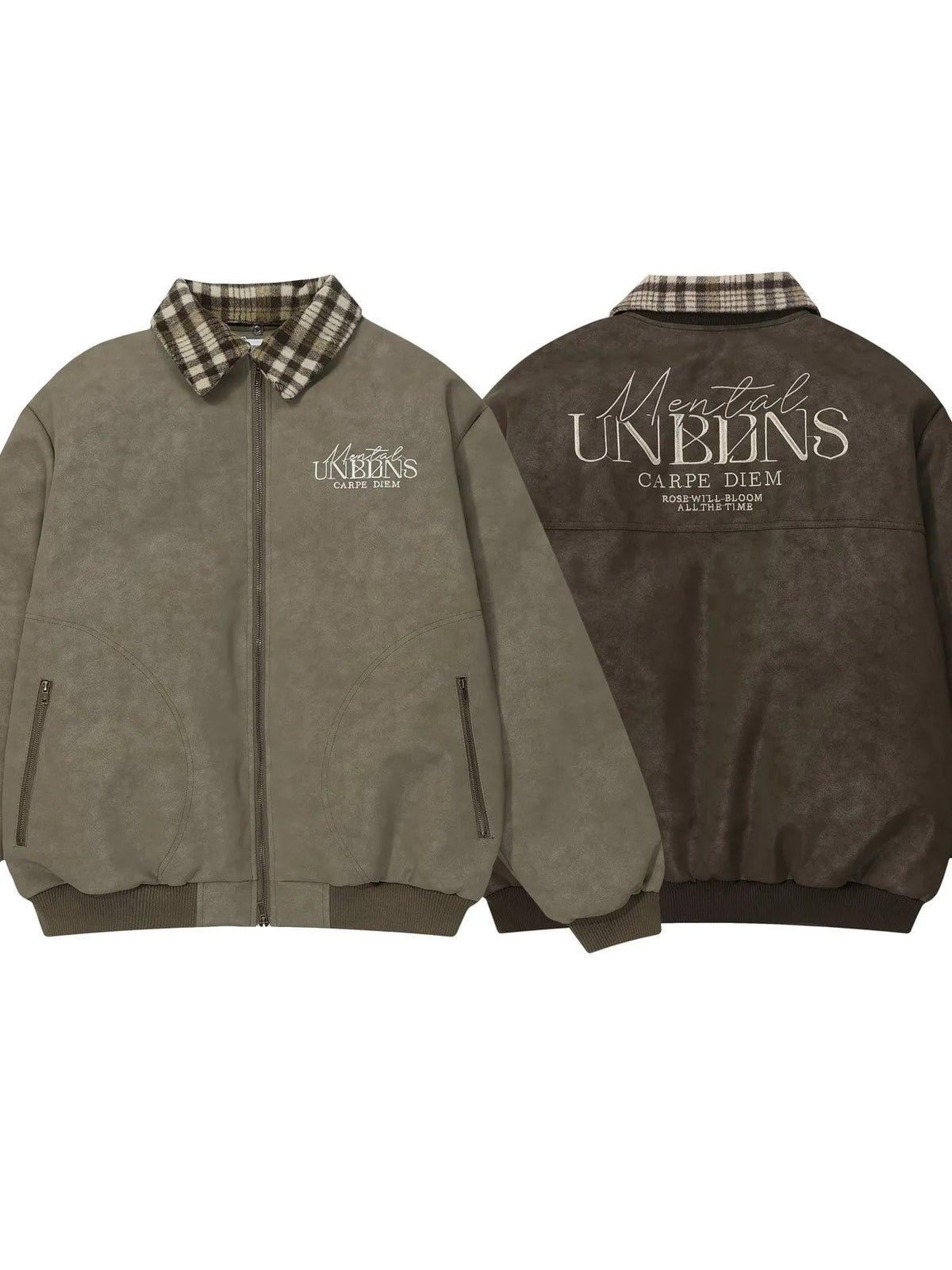 Men's plaid collar detail zip-up jacket, trendy outerwear by Trendsi featuring a stylish plaid design and front zipper closure.