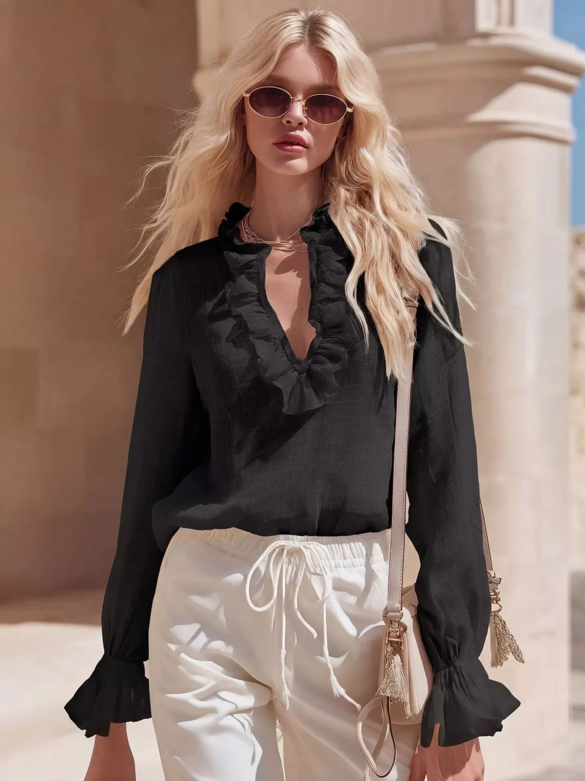 Plush Fashion Hub ruffled V-neck long sleeve blouse with feminine details and elegant design.