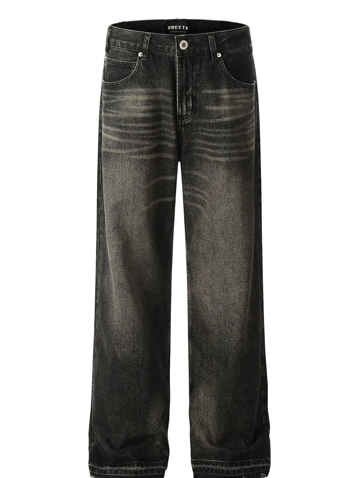 Men's vintage washed denim jeans with frayed hem by Plush Fashion Hub, showcasing distressed denim style and classic fit.