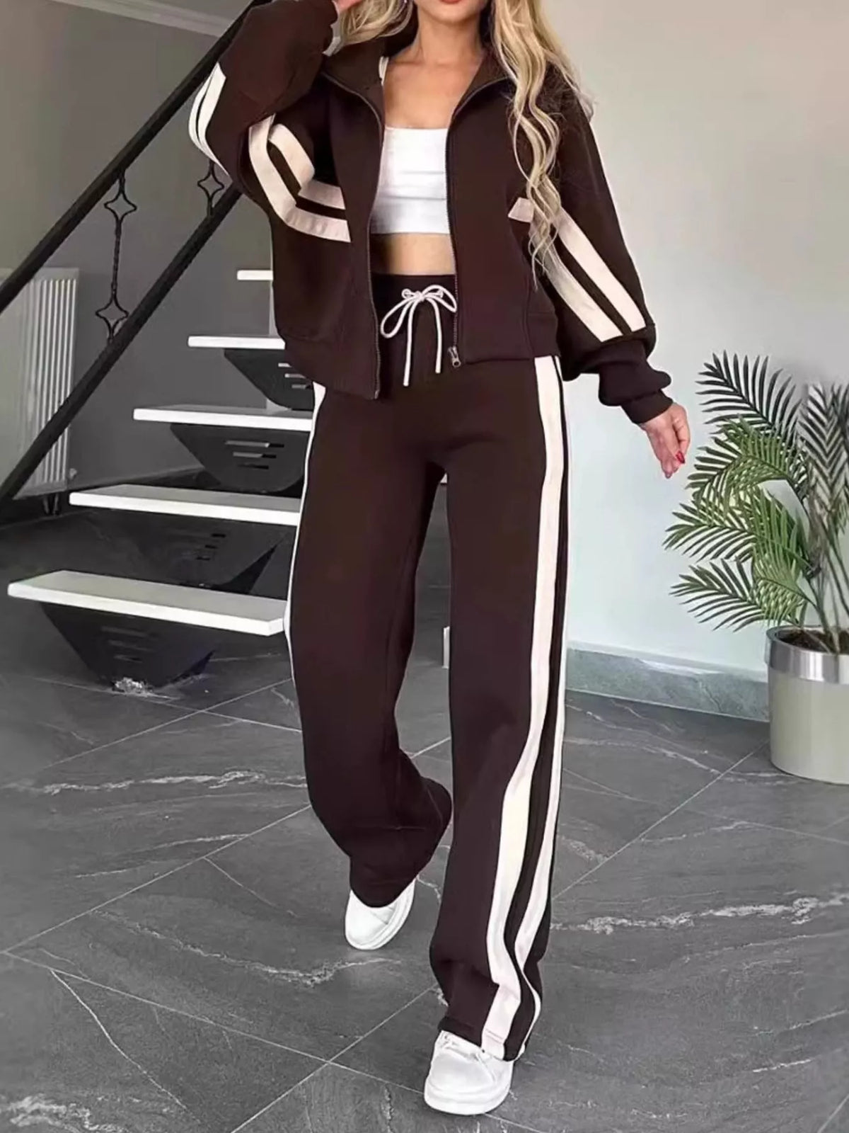 Plus size contrast stripe zip-up activewear jacket and pants set by Plush Fashion Hub, featuring sporty design and comfortable fit.
