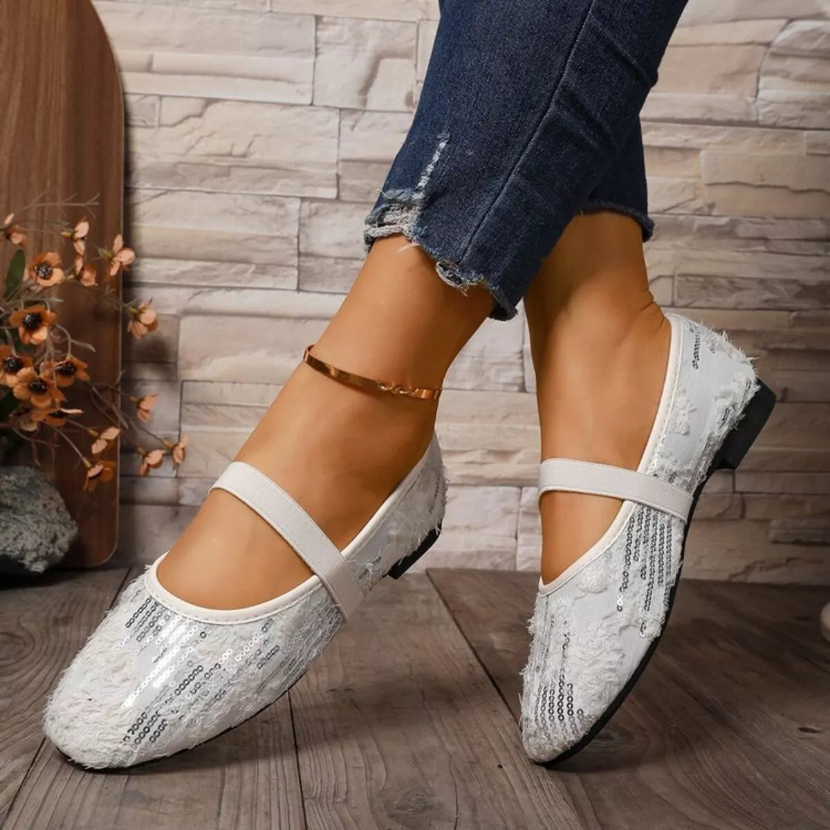 Women’s sparkling sequin round toe slip-on flats by Plush Fashion Hub, featuring a shiny sequin design and comfortable slip-on style.