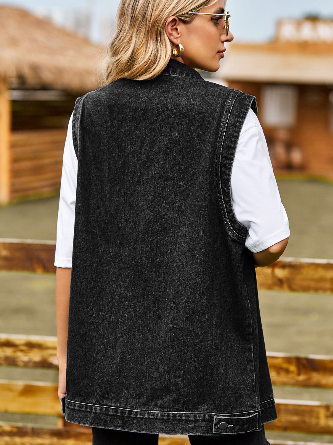 Button down denim vest from Plush Fashion Hub featuring classic blue denim fabric and button-front closure.
