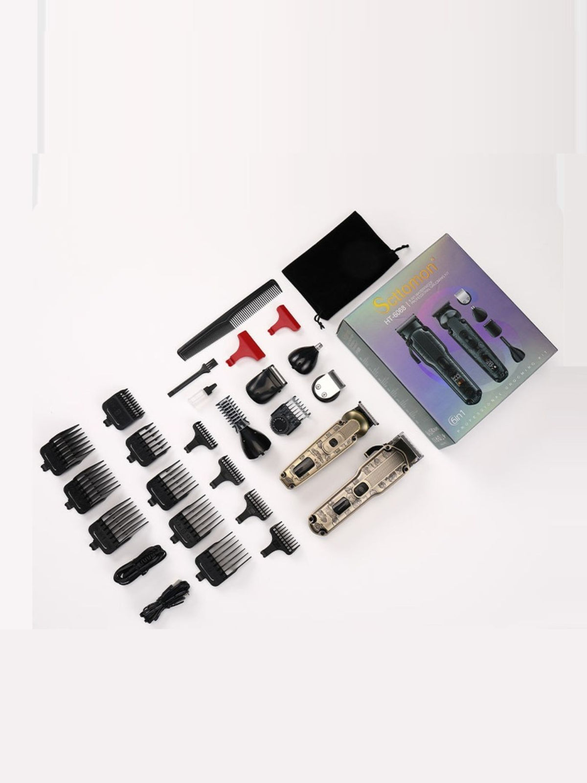 Professional 19-piece LED display hair clipper and grooming kit for men with various attachments, in a sleek black case.