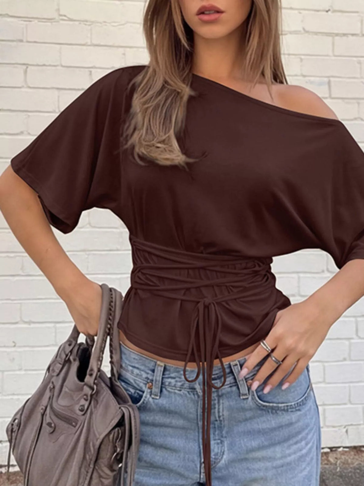 Plush Fashion Hub boat neck short sleeve T-shirt in a soft fabric, shown in a neutral color on a plain background.