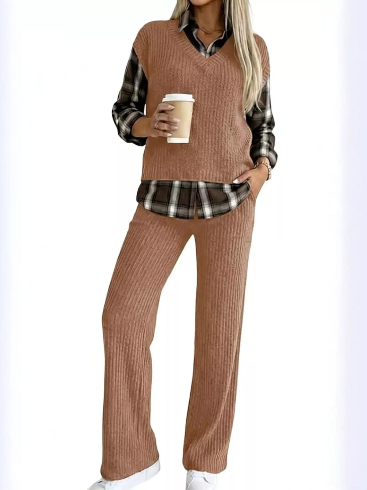 Ribbed knit plaid sleeve top and matching pants set by Trendsi, featuring a cozy, stylish design and comfortable fit.