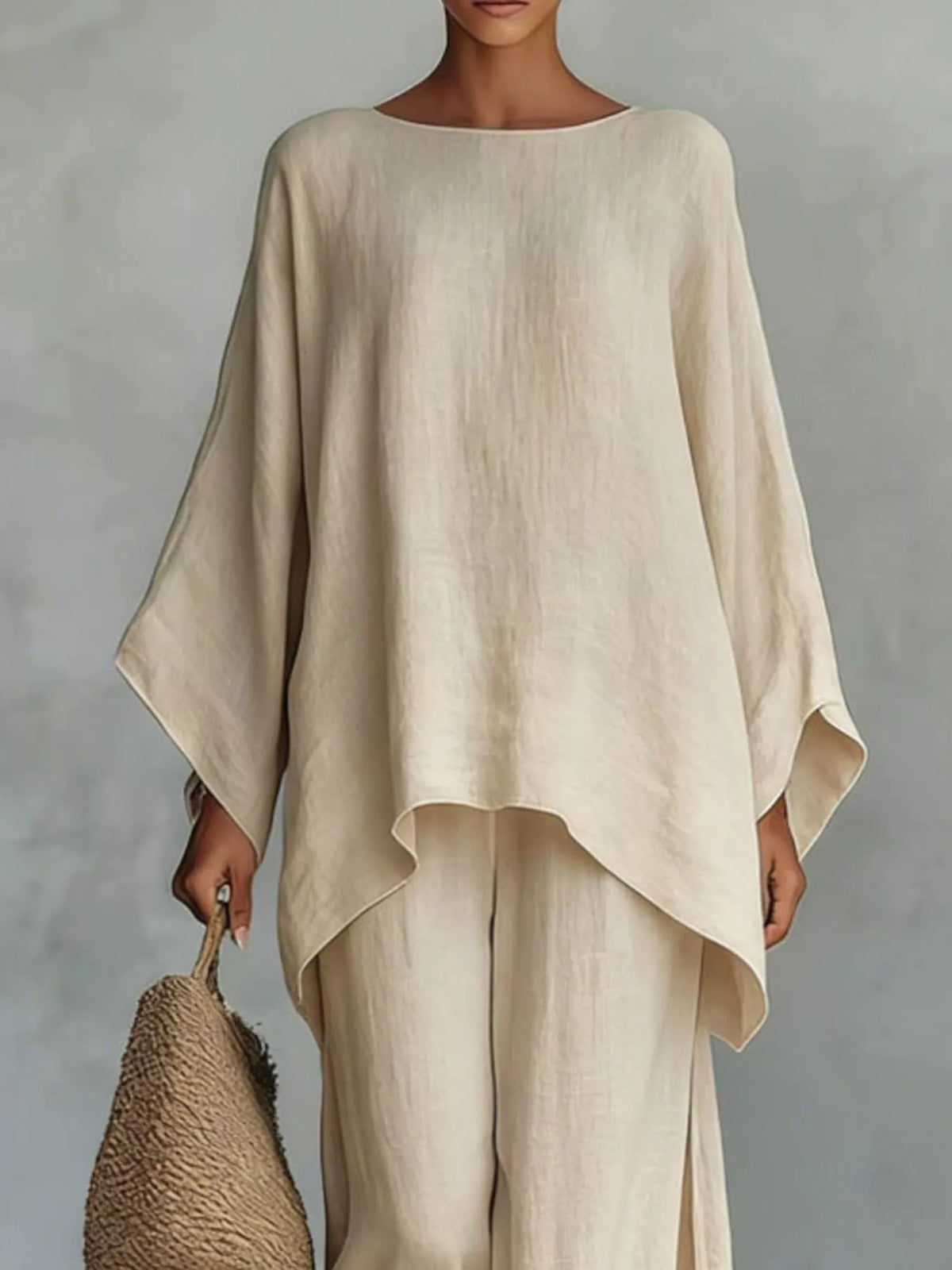 Plus size round neck top and wide leg pants set by Plush Fashion Hub, featuring a comfortable fit and stylish design.