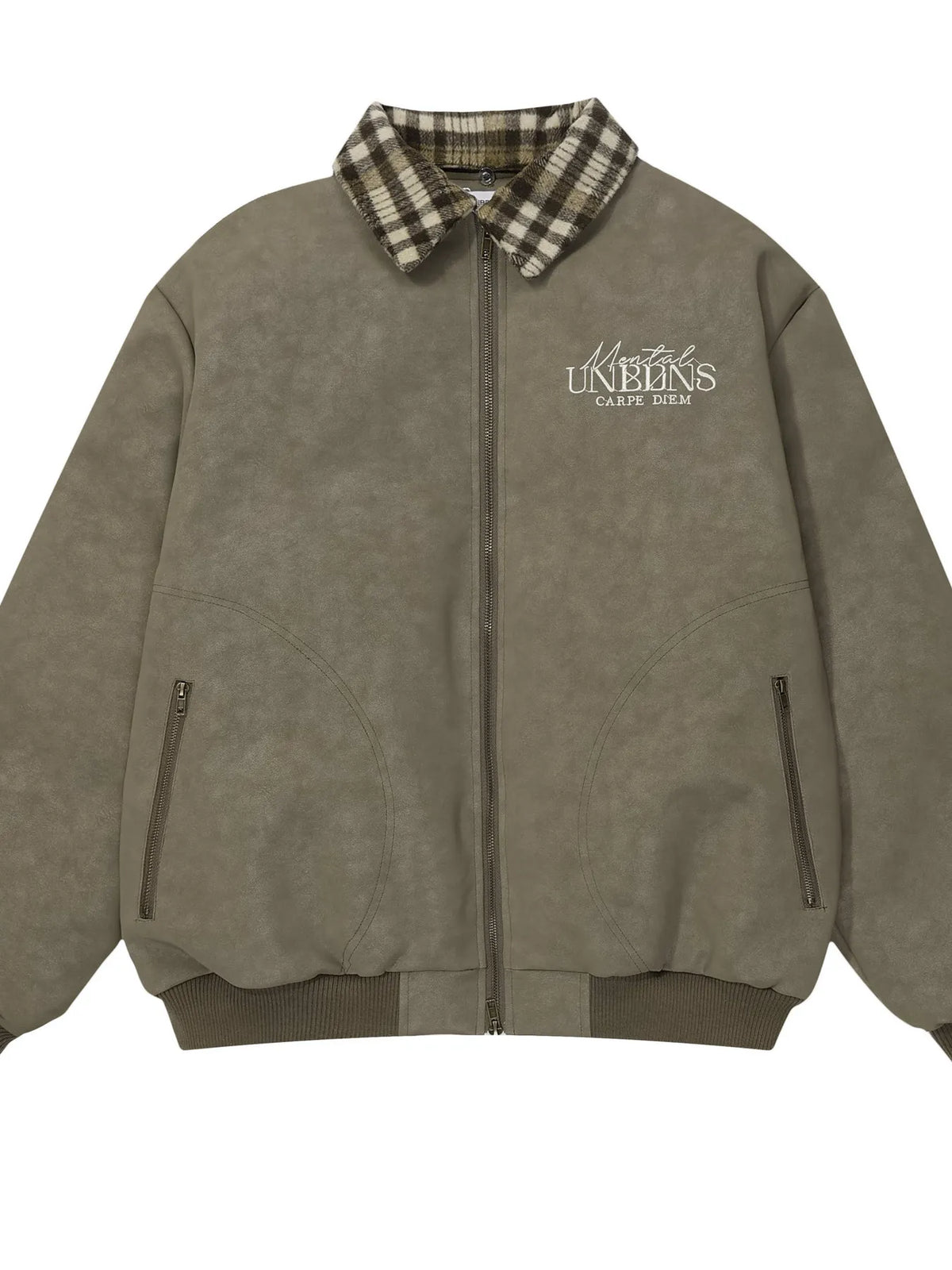 Men's plaid collar detail zip-up jacket, trendy outerwear by Trendsi with stylish plaid accents and a front zipper closure.