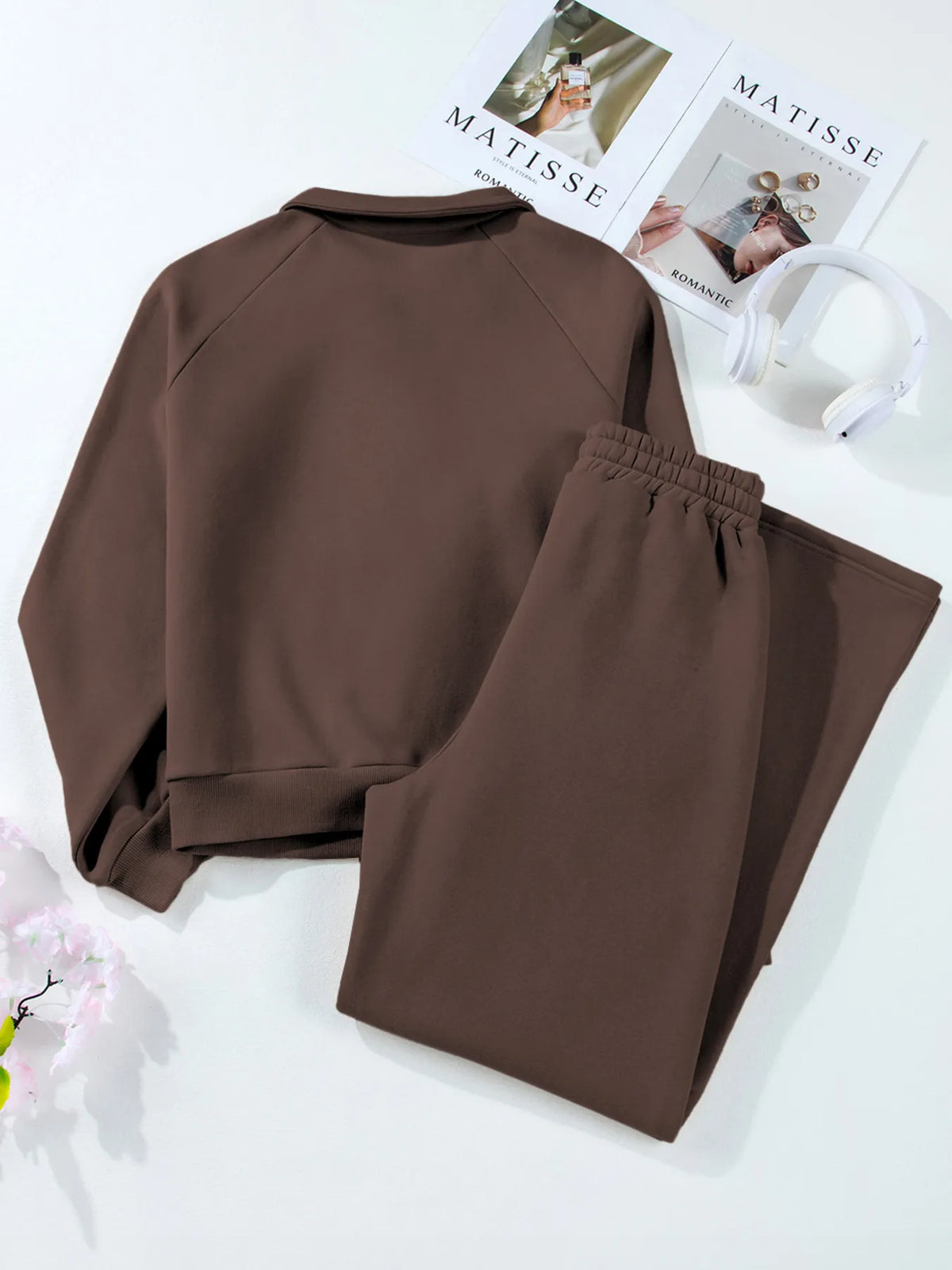 Plush Fashion Hub activewear set featuring a collared sweatshirt and high waist pants, perfect for casual or athletic wear.