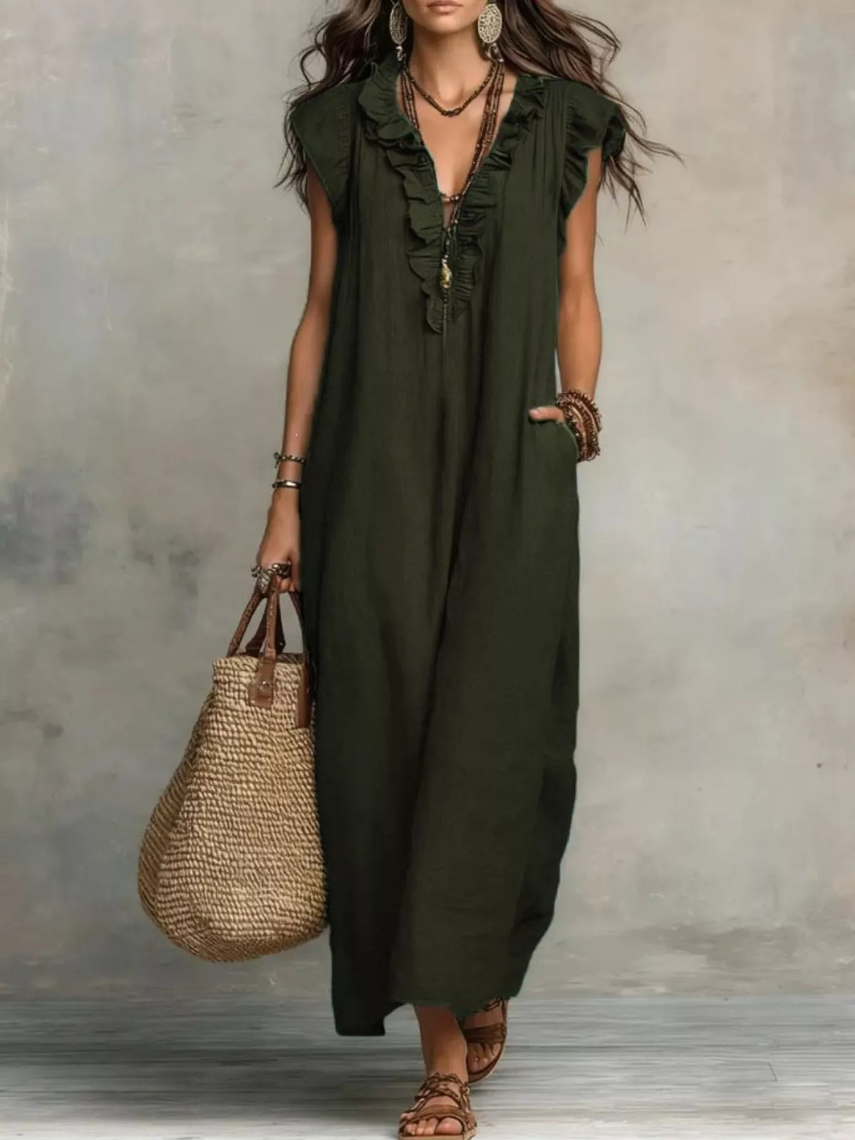 Plush Fashion Hub ruffled V-neck maxi dress with flowing fabric and elegant design, perfect for stylish summer wear.