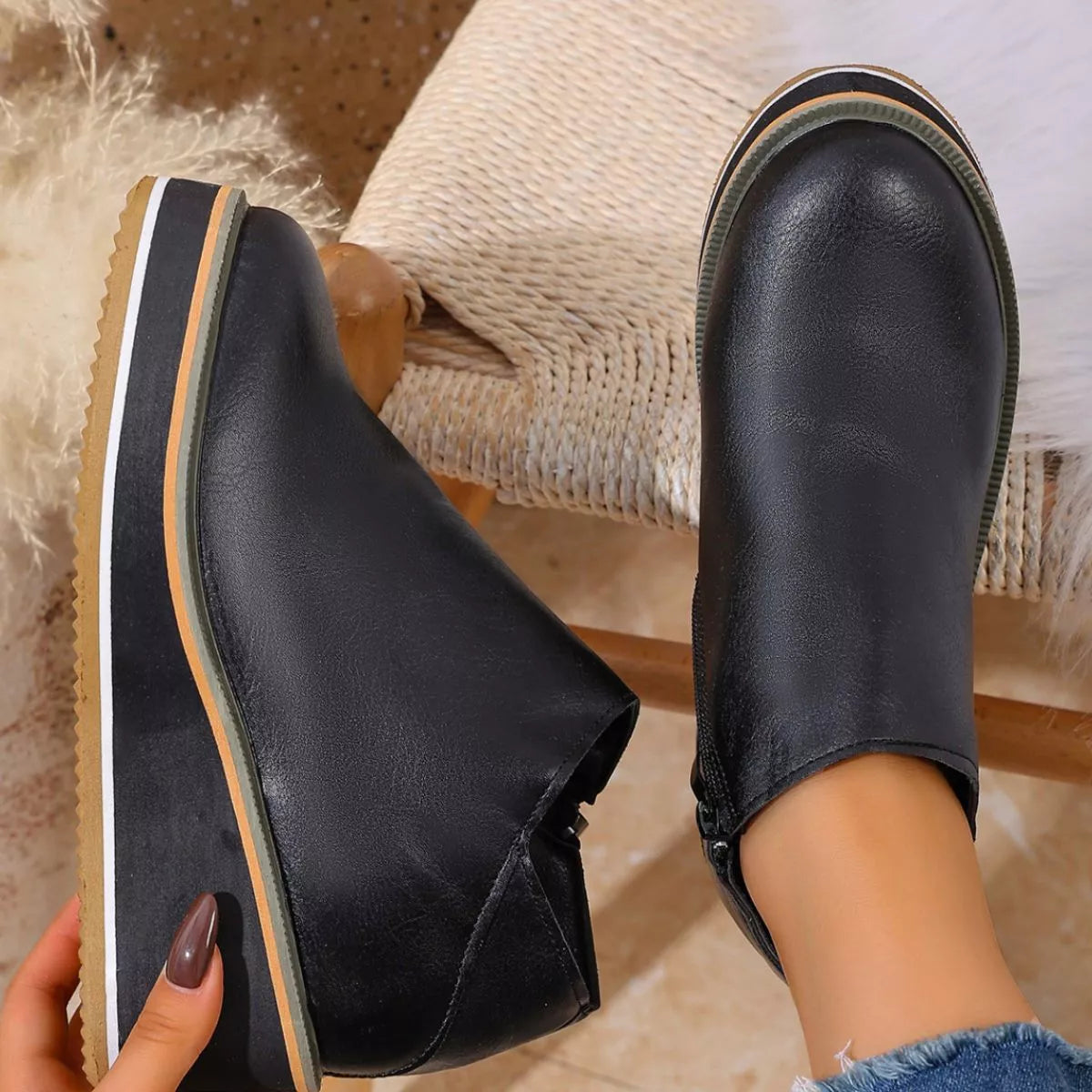 Women's round toe wedge ankle boots from Trendsi featuring a stylish design and comfortable fit.