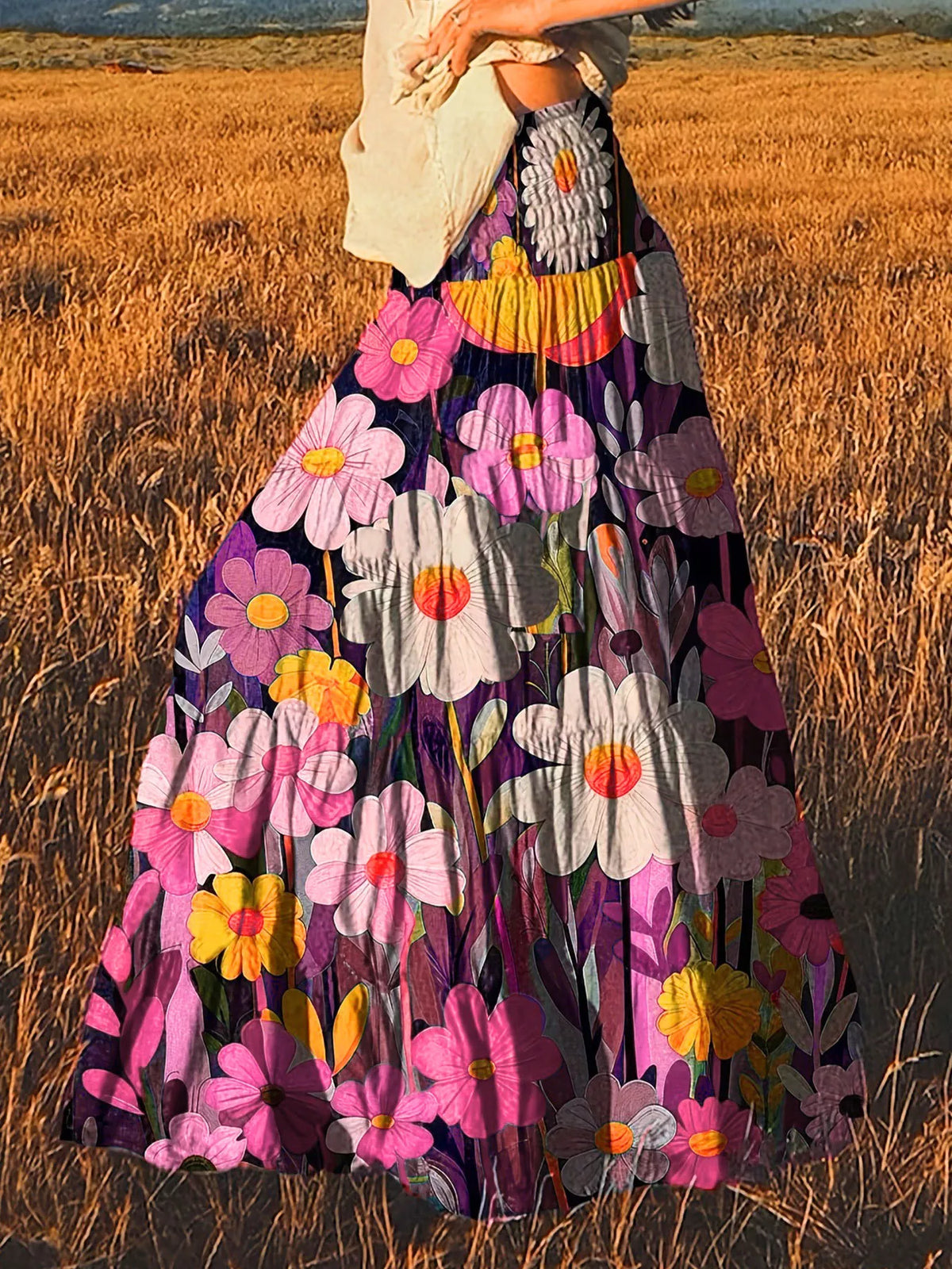 Floral print high-waisted maxi skirt from Trendsi, flowing fabric with vibrant floral design, full length and elegant style.