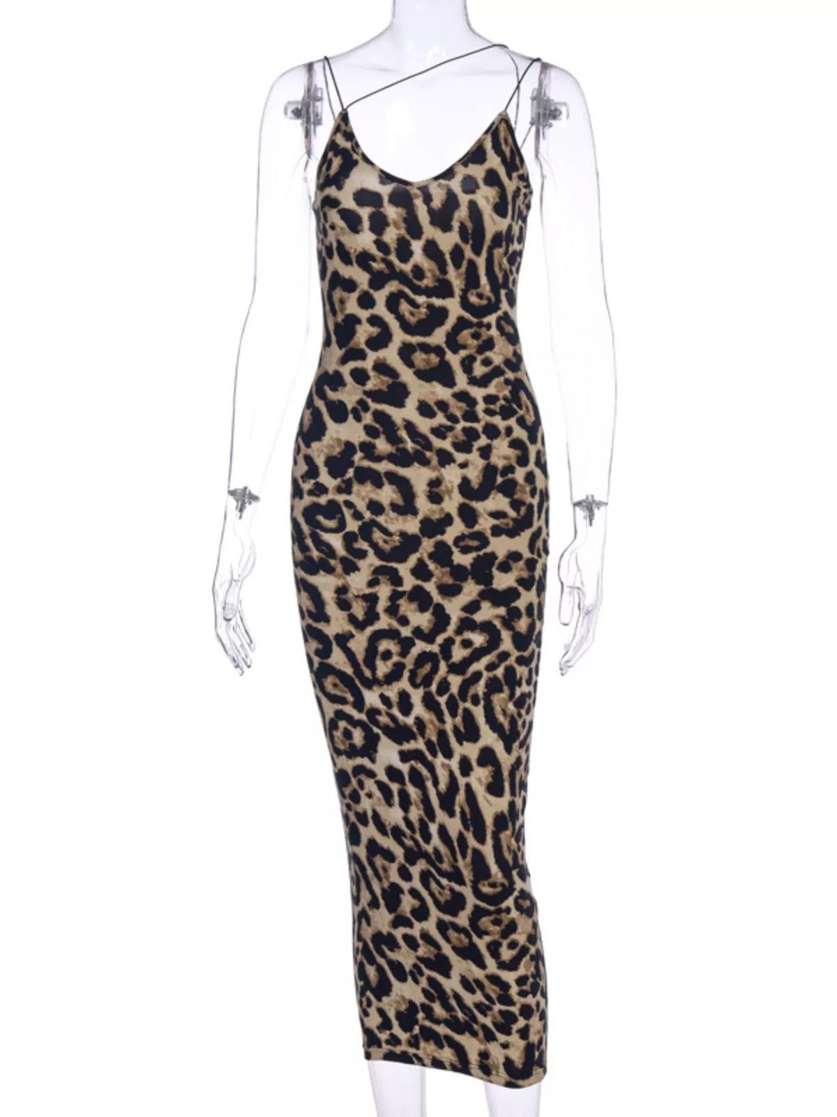 Leopard print spaghetti strap midi dress from Plush Fashion Hub, featuring a fitted silhouette and stylish design.