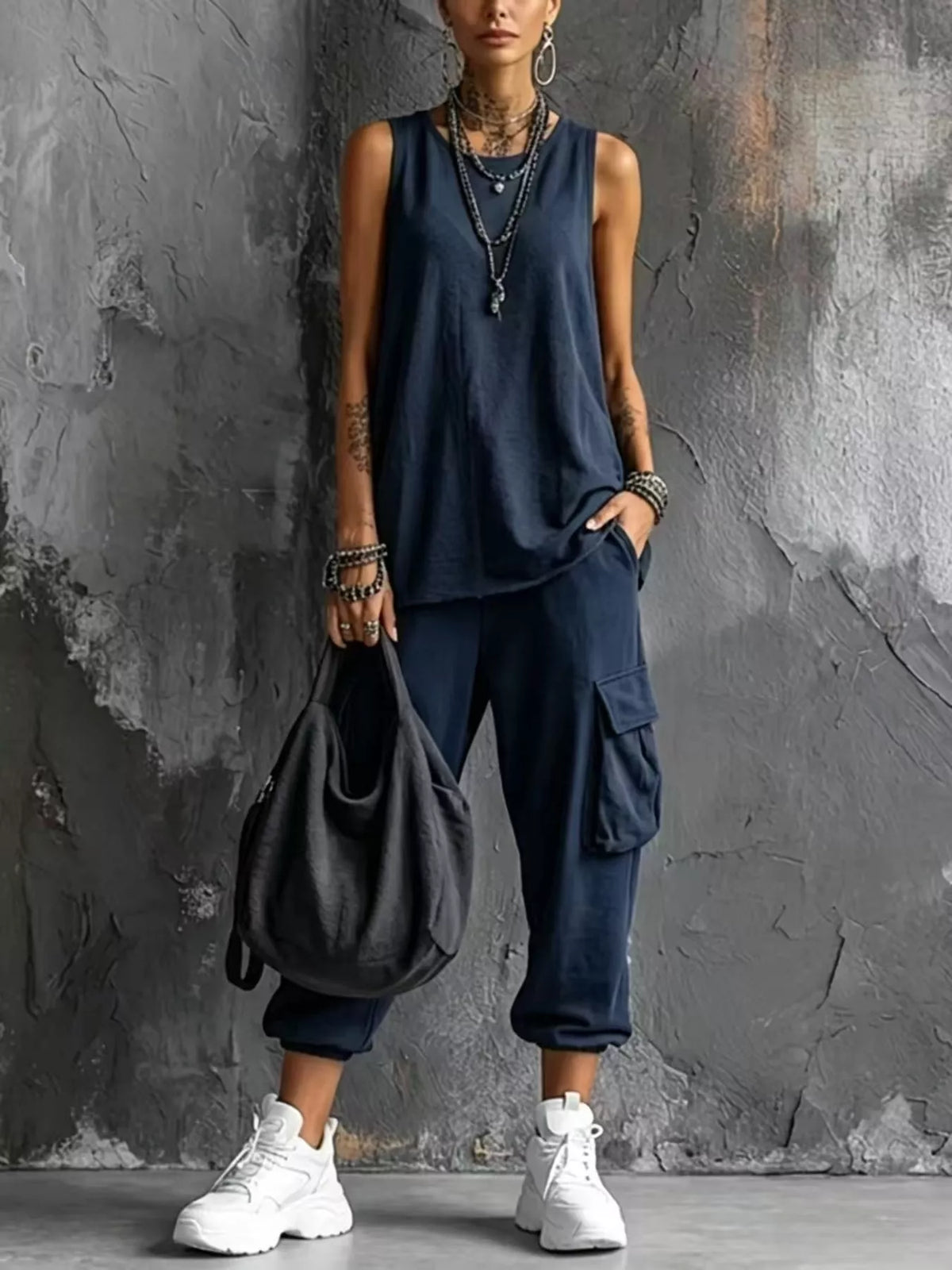 Plus size casual tank top and cargo pants set by Trendsi, featuring a comfortable, full-size outfit with a relaxed fit.