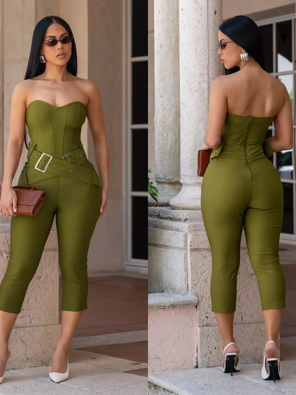 Plush Fashion Hub belted tube skinny jumpsuit in black, form-fitting with sleeveless design and stylish waist belt.