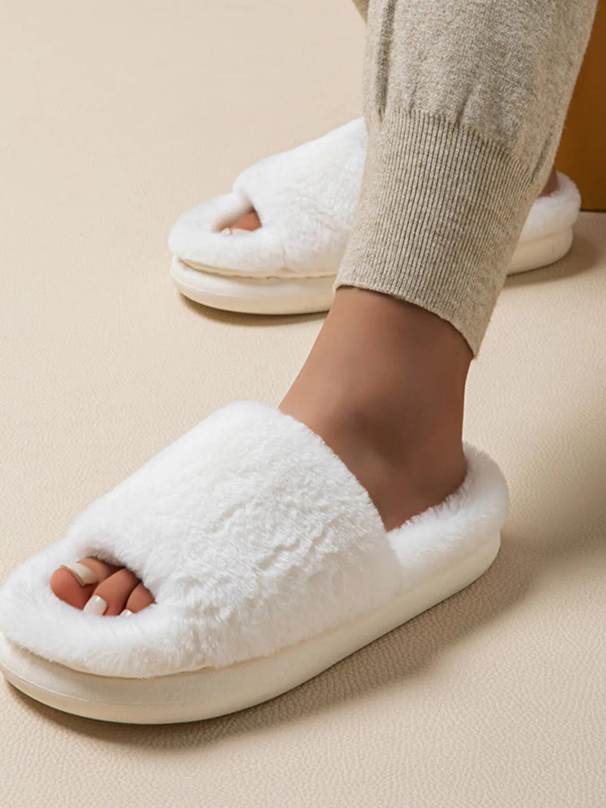 Fluffy open-toe faux fur slippers for women, soft indoor house shoes by Plush Fashion Hub, featuring a cozy, plush design.