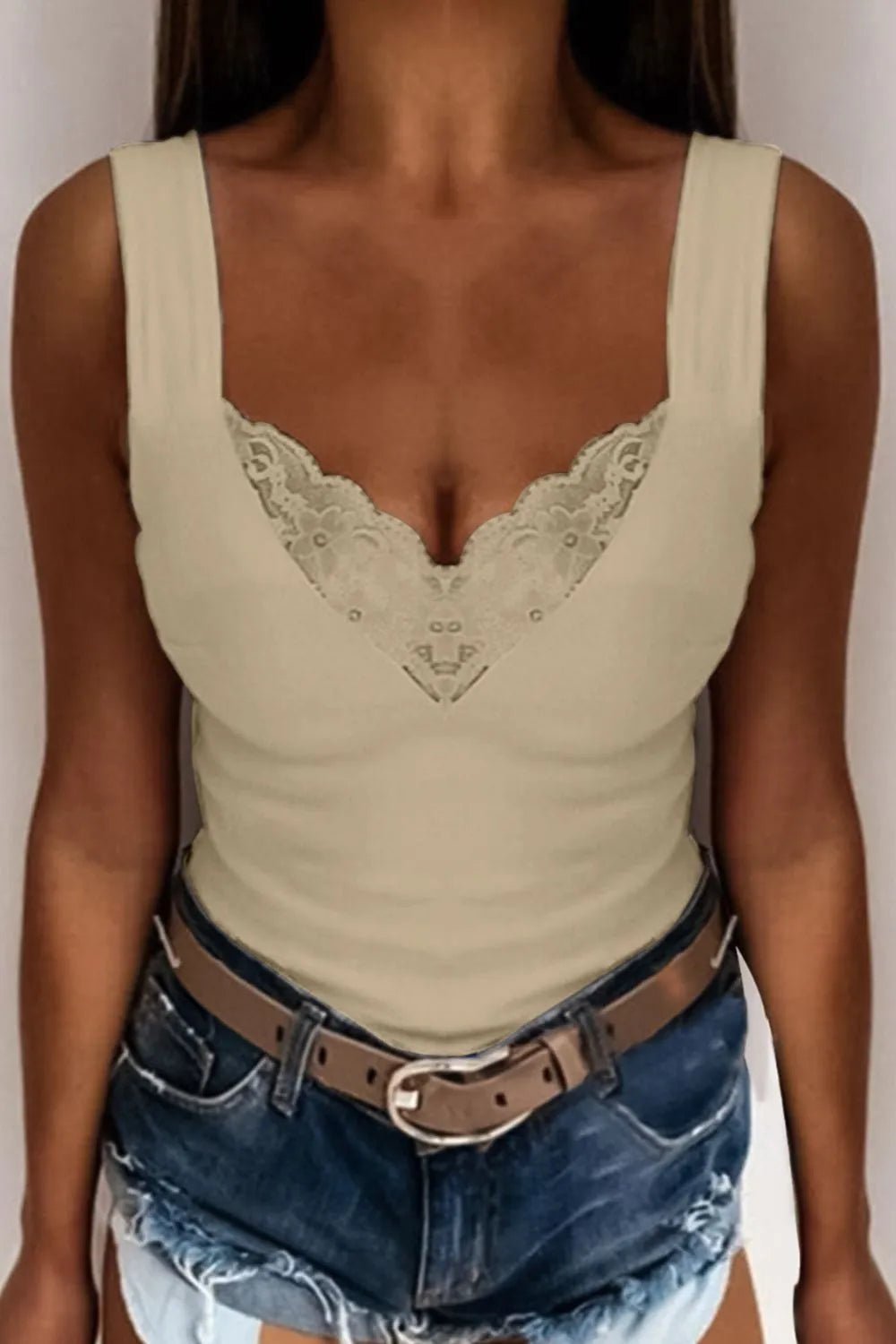 Plus size women's lace trim V-neck tank top from Plush Fashion Hub, soft stretch sleeveless camisole with delicate lace detail.