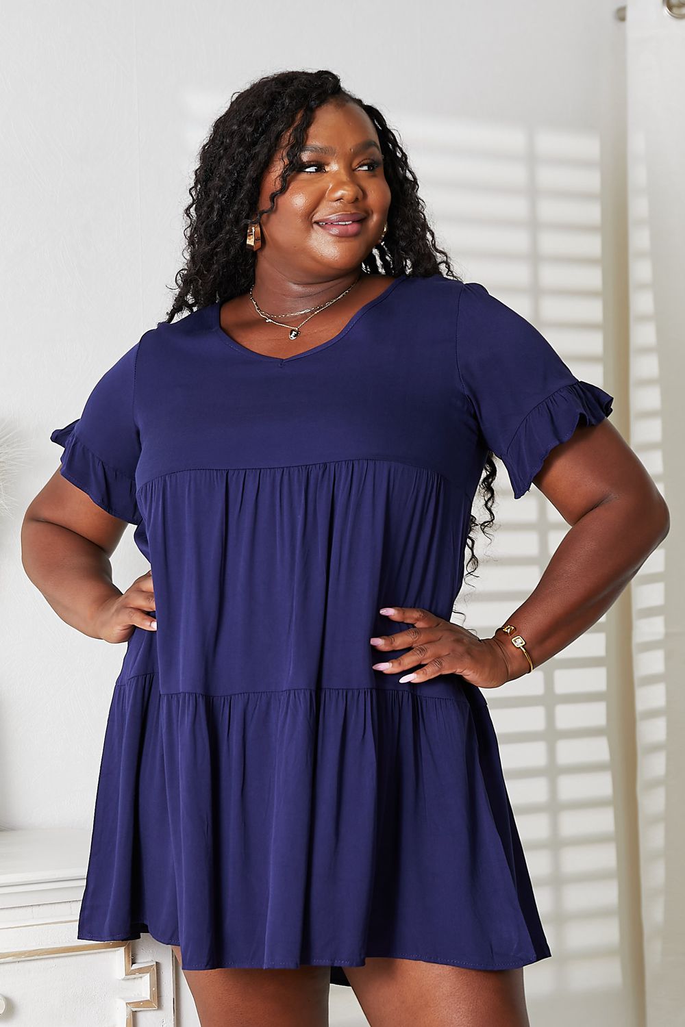 Plush Fashion Hub Mandy solid V-neck casual dress for women with tiered flounce sleeves and a relaxed fit.