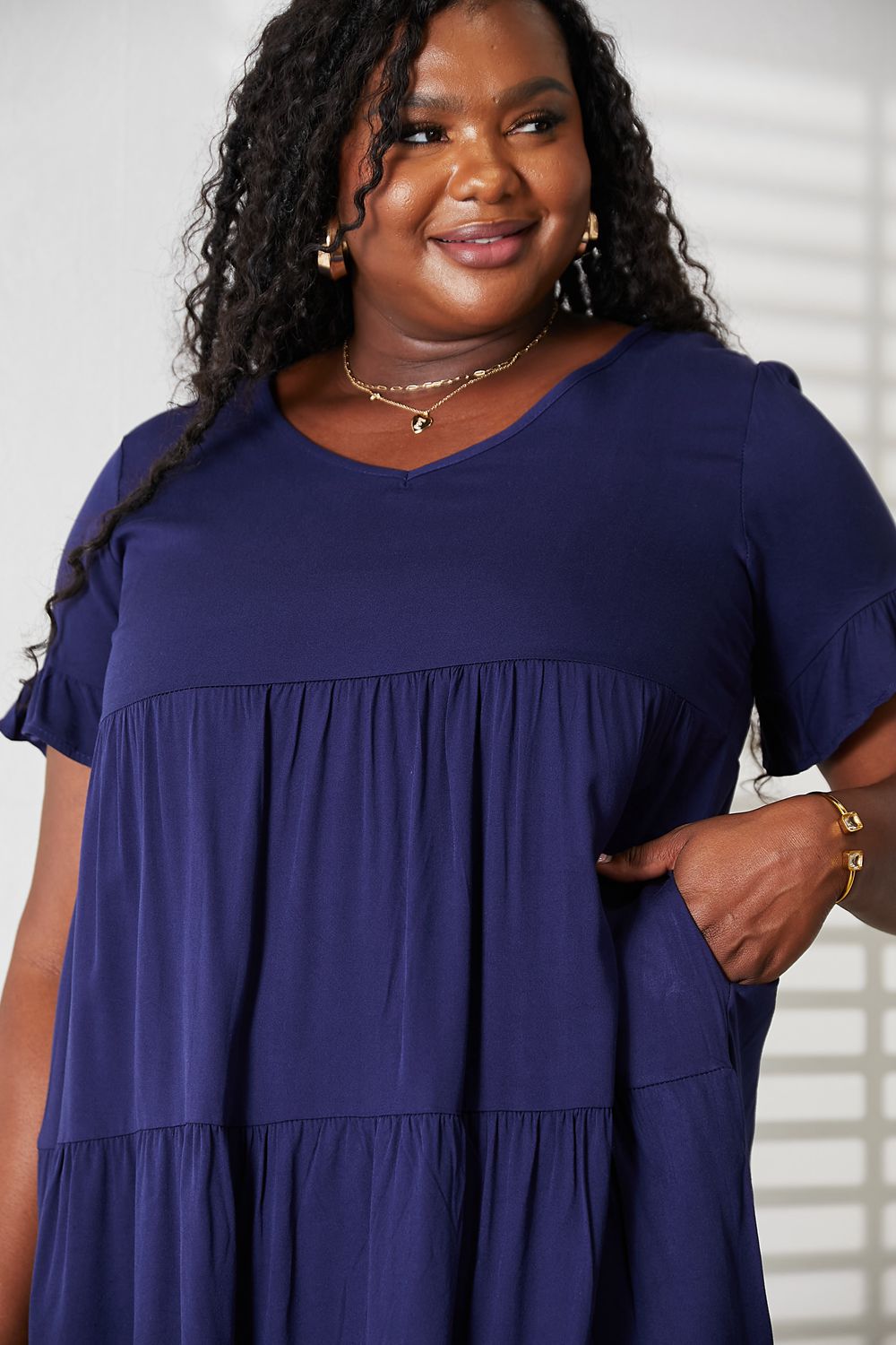 Plush Fashion Hub Mandy solid V-neck casual dress for women with tiered flounce sleeves, perfect for everyday wear.