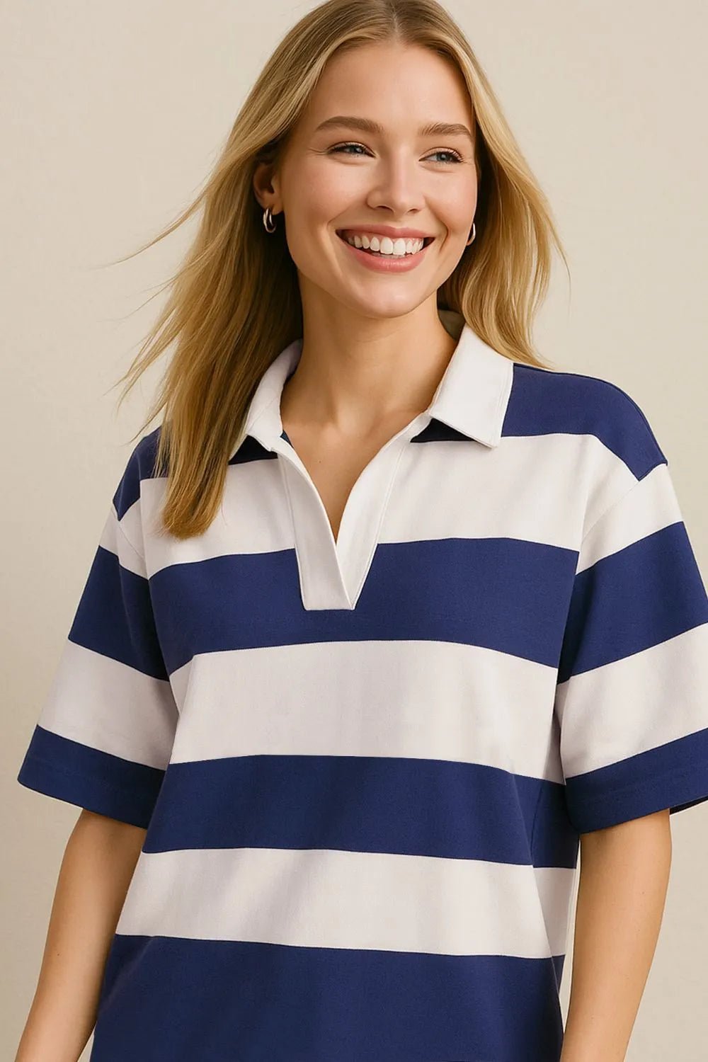 Women's color block Pima cotton Johnny collar top with half sleeves, stylish and comfortable women's apparel by Plush Fashion Hub.