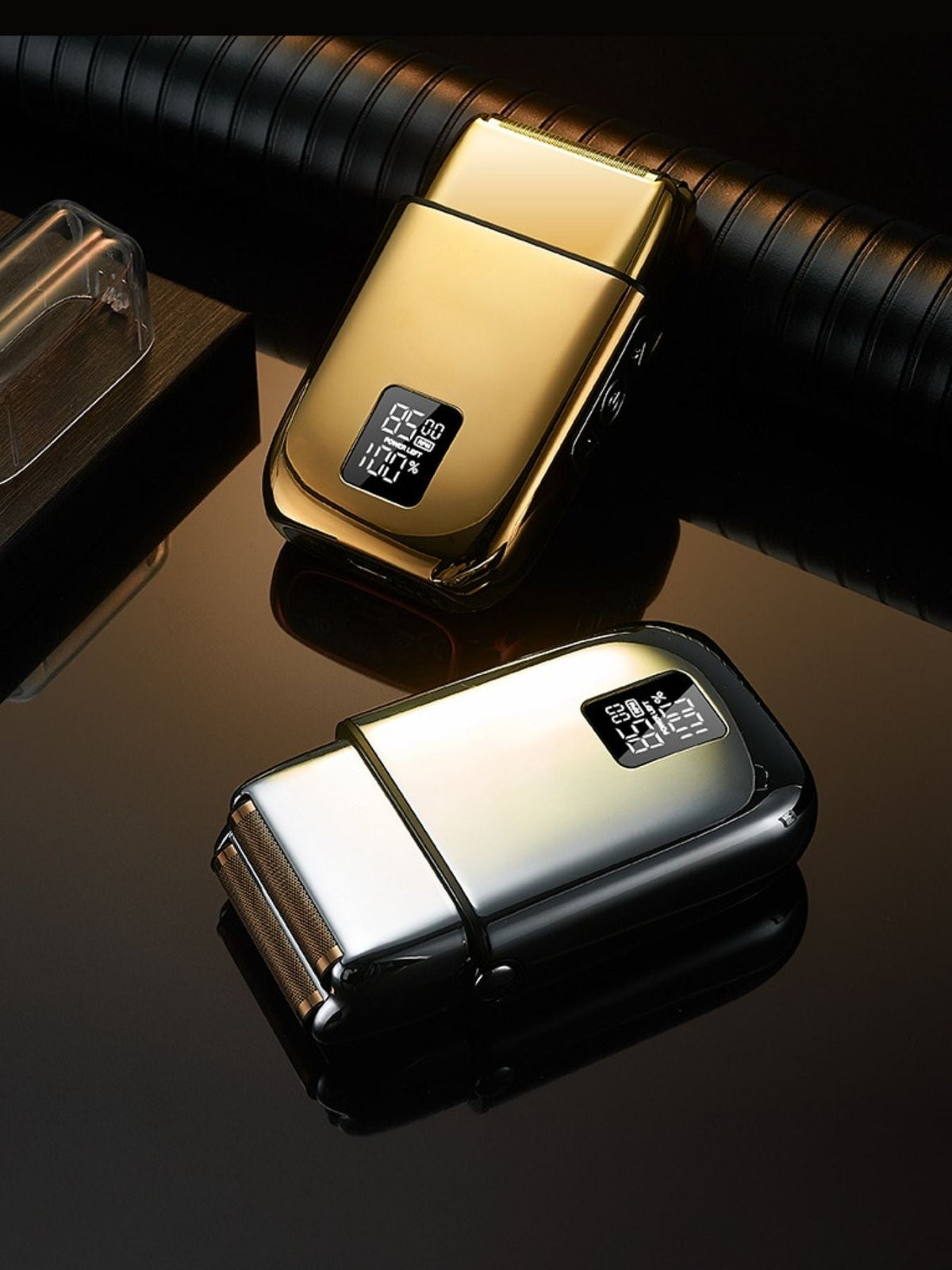 Rechargeable electric foil shaver with digital display, used for close grooming and shaving, by Plush Fashion Hub.